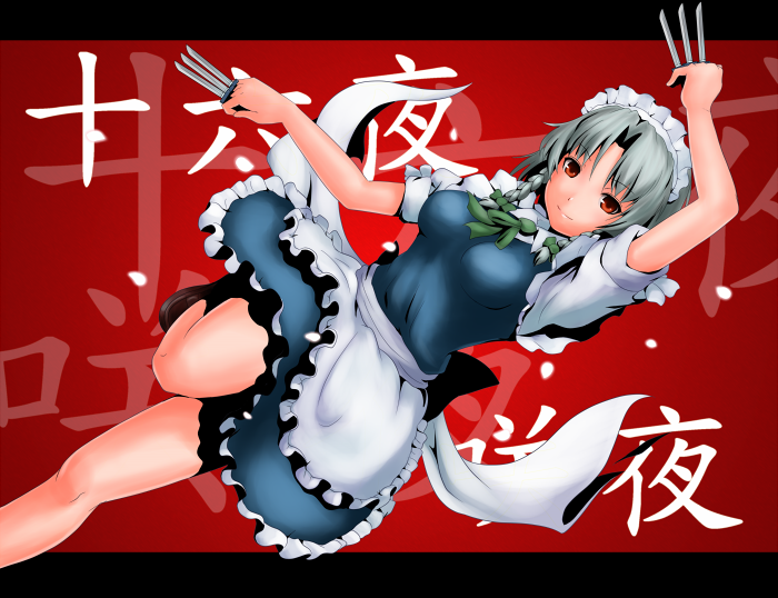 namine0079, izayoi sakuya, touhou, silver hair, 1girl, braid, female focus, hairband, knife, maid, short hair, solo, throwing knife, twin braids, weapon