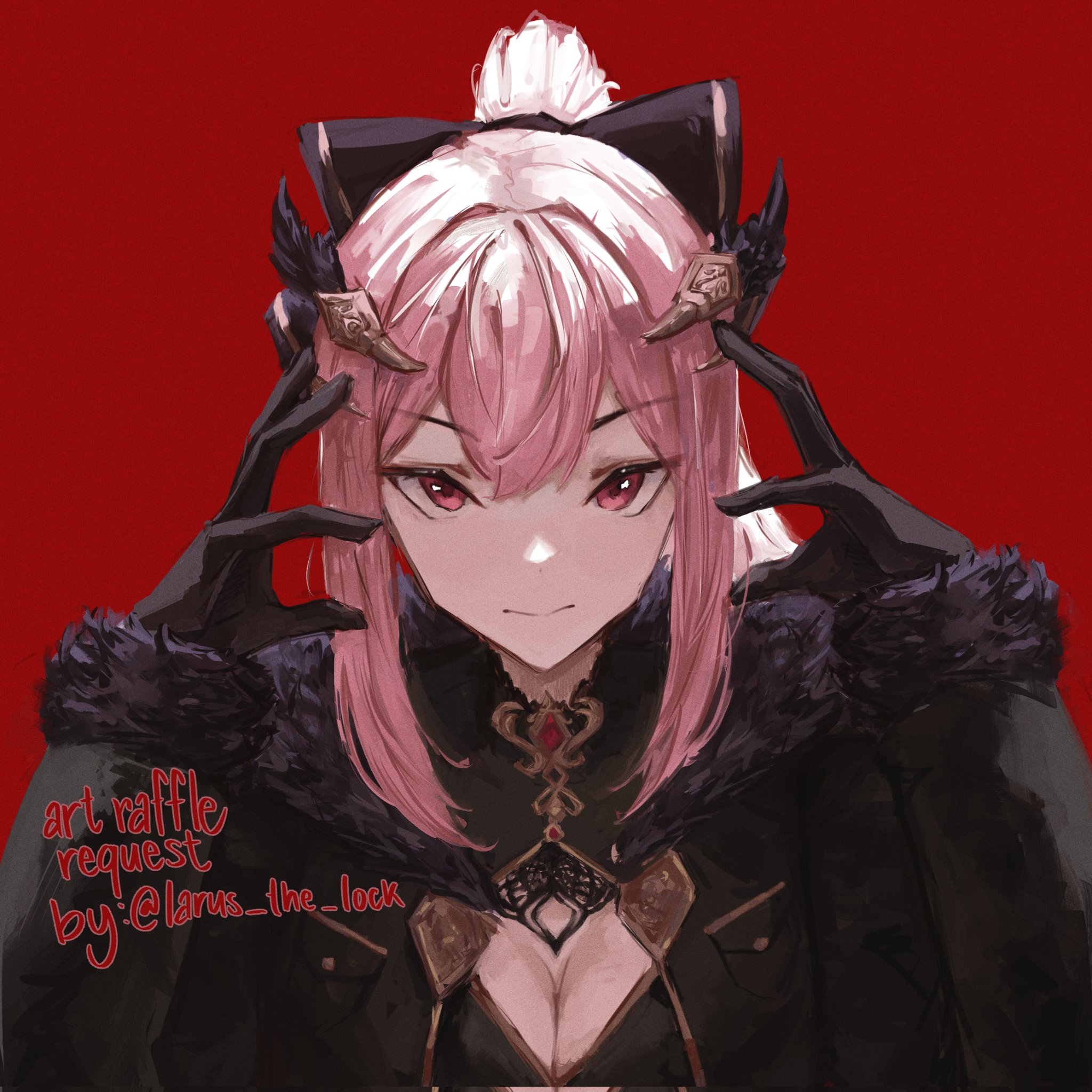 tablicoart, mori calliope, mori calliope (grimoire), hololive, hololive english, commentary, english commentary, highres, 1girl, black gloves, breasts, cleavage, fur trim, gloves, large breasts, long hair, looking at viewer, official alternate costume, official alternate hairstyle, pink hair, ponytail, solo, virtual youtuber