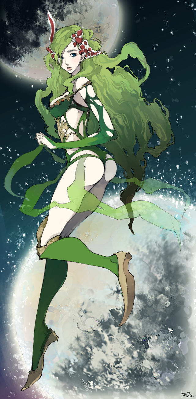 isuzu (uzushi), rydia (adult) (ff4), rydia (ff4), final fantasy, final fantasy iv, final fantasy iv: the after years, highres, long image, tall image, 1990s (style), 1girl, aged up, ass, bare shoulders, blue eyes, boots, female focus, full moon, green boots, green hair, leotard, long hair, moon, retro artstyle, solo