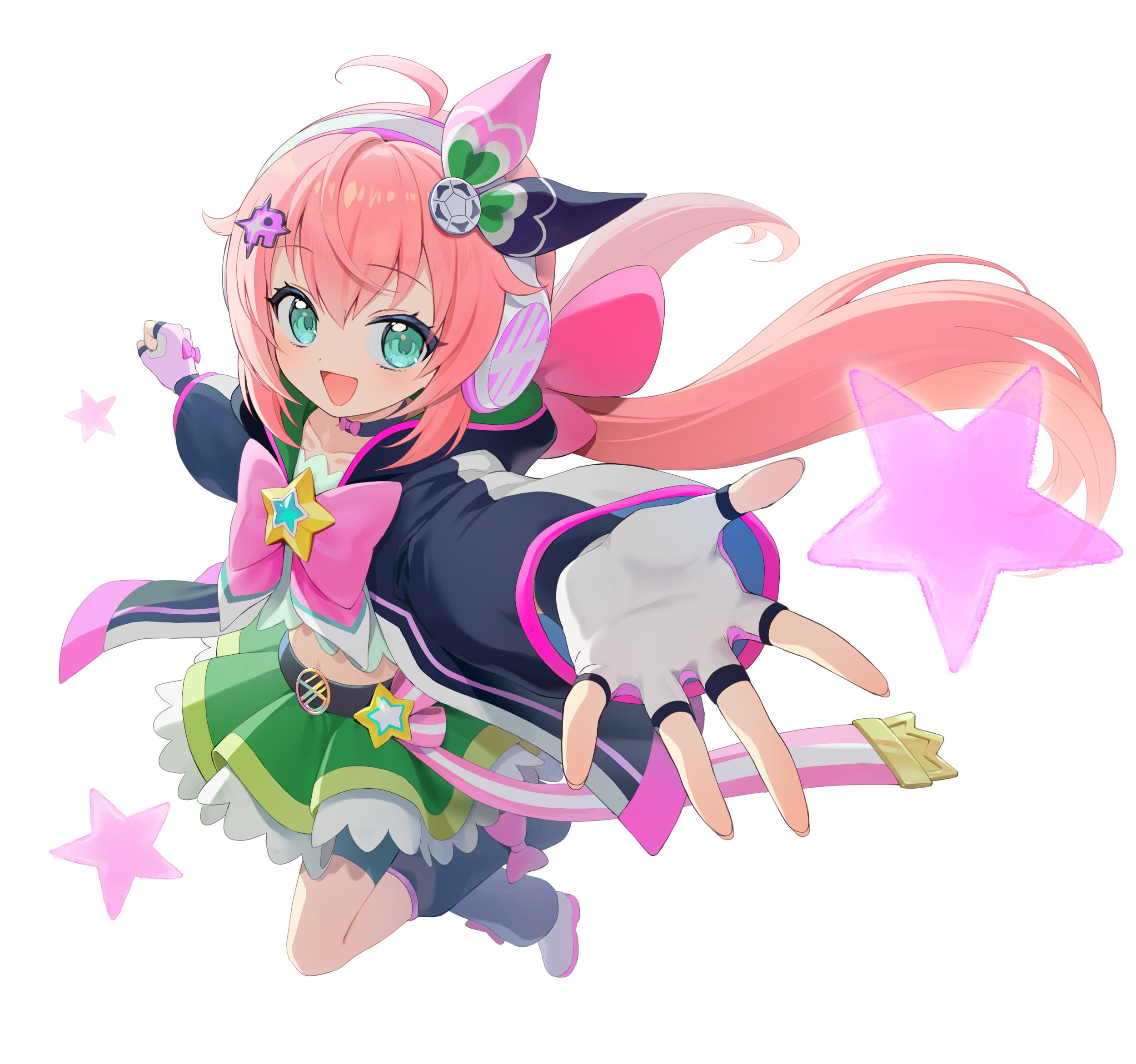 yuzu sato, indie virtual youtuber, commentary request, highres, second-party source, 1girl, ahoge, aqua eyes, belt, black belt, black jacket, black leg warmers, bow, bowtie, fingerless gloves, from above, gloves, green skirt, hair bow, hair ornament, headphones, hikari riria, hood, hooded jacket, jacket, leg warmers, long hair, looking at viewer, midriff, open clothes, open jacket, open mouth, pink bow, pink bowtie, pink hair, pink trim, reaching, reaching towards viewer, shoes, skirt, solo, star (symbol), virtual youtuber, white background, white gloves, white shoes