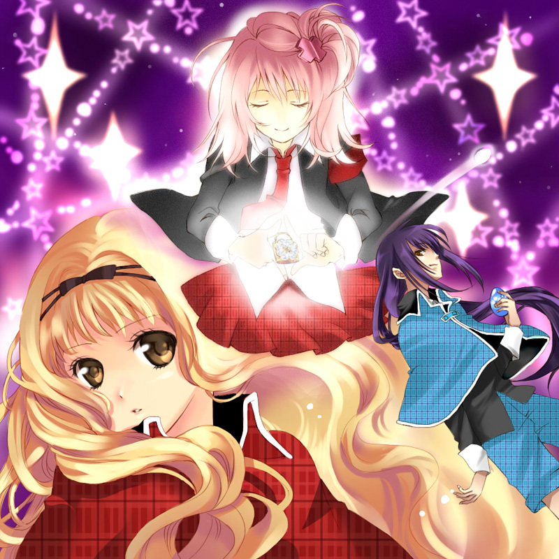 suzushiro, fujisaki nagihiko, hinamori amu, mashiro rima, macross, macross frontier, shugo chara!, plaid, bad id, bad pixiv id, 1boy, 2girls, blonde hair, blue hair, closed eyes, cross hair ornament, egg, hair ornament, hair ribbon, hairclip, lock, long hair, multiple girls, parody, pink hair, ponytail, ribbon, school uniform, yellow eyes