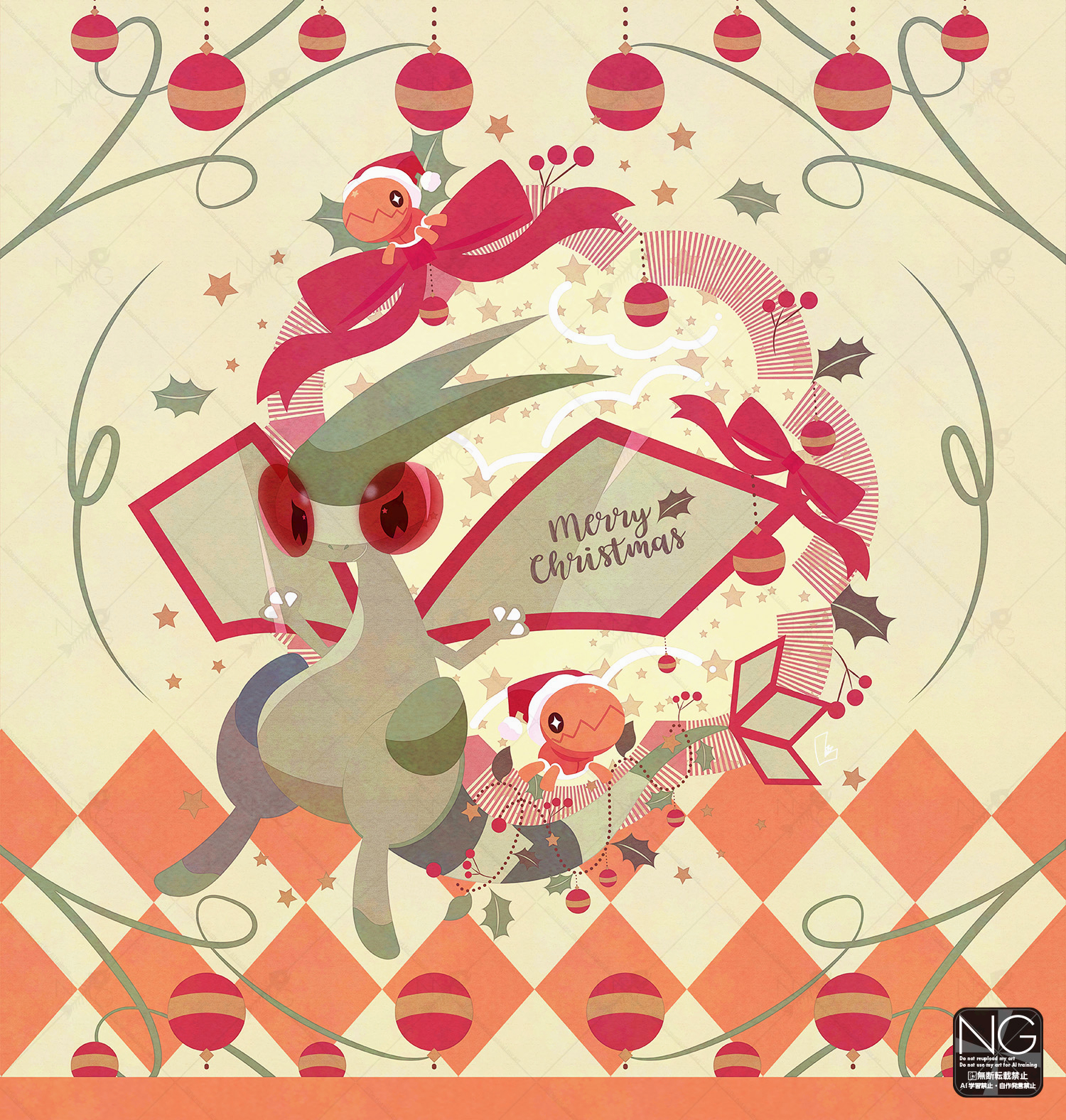 meme (sleepsheep), flygon, trapinch, nintendo, pokemon, commentary, highres, symbol-only commentary, bow, christmas ornaments, claws, closed mouth, dragon, gen 3 pokemon, green wings, hat, holly, looking at viewer, mistletoe, no humans, pokemon (creature), pokemon focus, red bow, red eyes, red hat, santa hat, smile, star (symbol), tail, wings