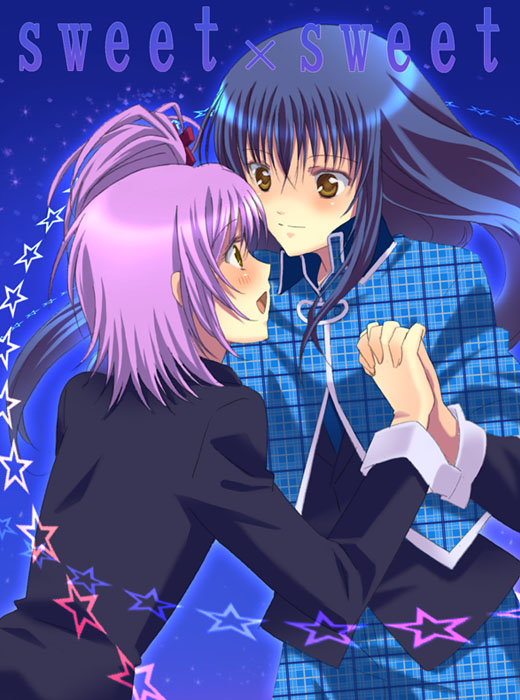 fujisaki nagihiko, hinamori amu, shugo chara!, plaid, 1boy, 1girl, blue hair, couple, hetero, holding hands, long hair, pink hair, school uniform, star (symbol), yellow eyes