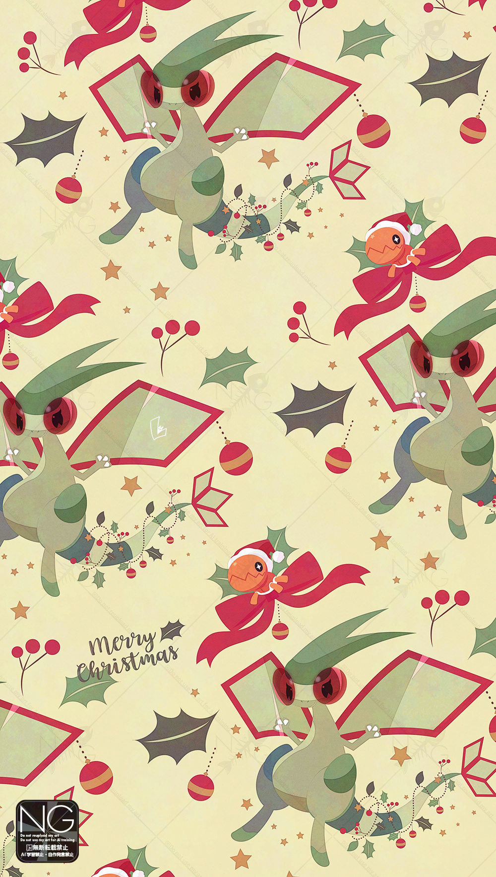 meme (sleepsheep), flygon, trapinch, nintendo, pokemon, commentary, highres, symbol-only commentary, bow, christmas ornaments, claws, closed mouth, dragon, gen 3 pokemon, green wings, hat, holly, looking at viewer, mistletoe, no humans, pokemon (creature), pokemon focus, red bow, red eyes, red hat, santa hat, smile, star (symbol), tail, wings