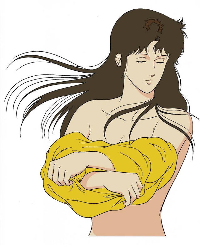 kisugi hitomi, cat's eye, 1980s (style), 1girl, black hair, closed eyes, female focus, long hair, retro artstyle, solo, undressing