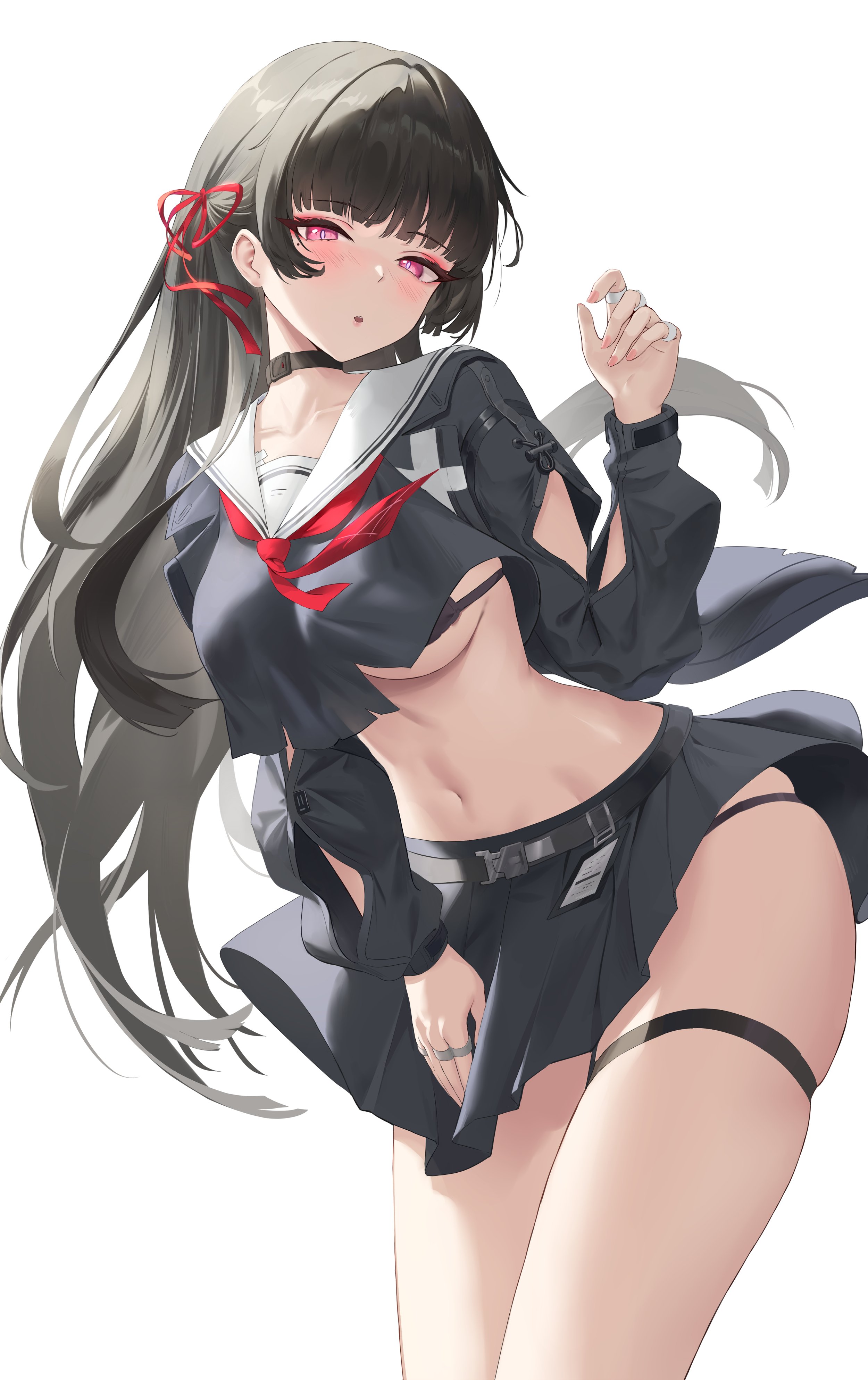 pdxen, chisa (wuthering waves), wuthering waves, absurdres, commentary, highres, 1girl, black bra, black hair, black skirt, blush, bra, breasts, hair ornament, hair ribbon, hand up, large breasts, long hair, long sleeves, looking at viewer, miniskirt, navel, parted lips, pink eyes, pleated skirt, red ribbon, ribbon, shirt, simple background, skirt, solo, stomach, thigh strap, thighs, torn clothes, torn shirt, underwear, white background