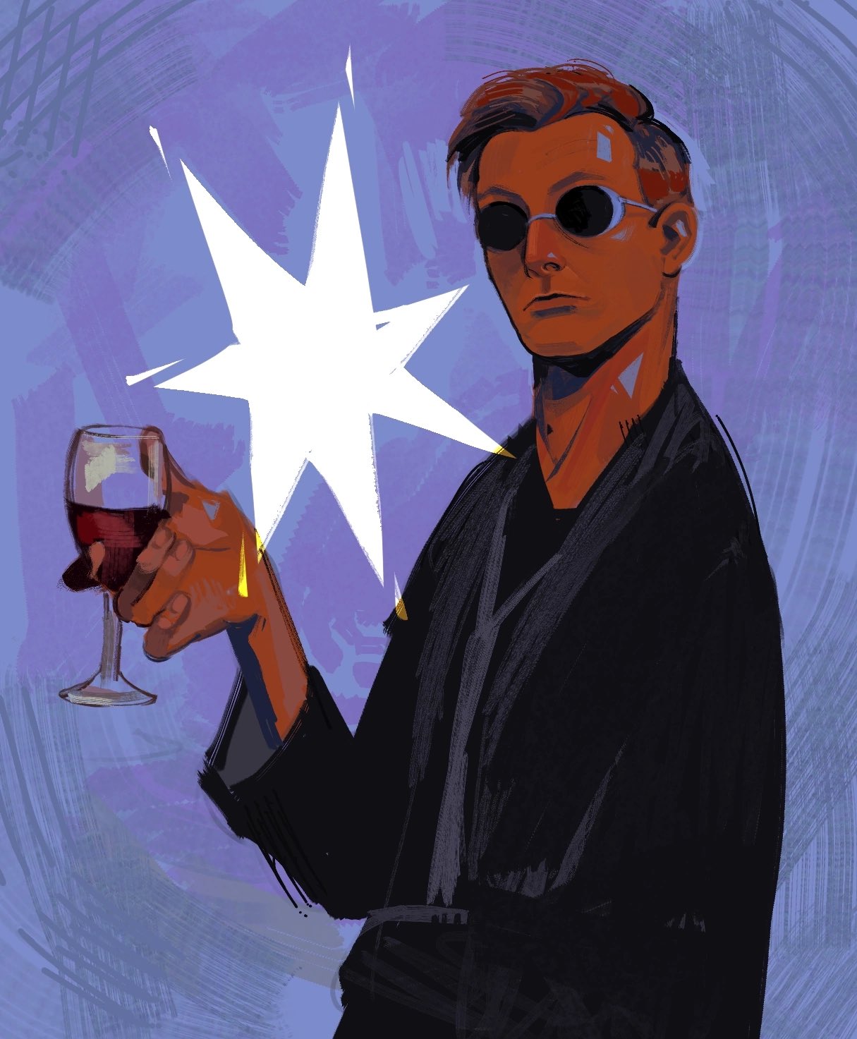 crowley (good omens), good omens, commentary, highres, symbol-only commentary, 1boy, biajise, black jacket, black robe, blue background, brown hair, closed mouth, cup, demon boy, drinking glass, expressionless, facing viewer, heptagram, holding, holding cup, jacket, long sleeves, looking at viewer, nose, red hair, robe, round eyewear, short hair, solo, star (symbol), sunglasses, upper body, wine glass