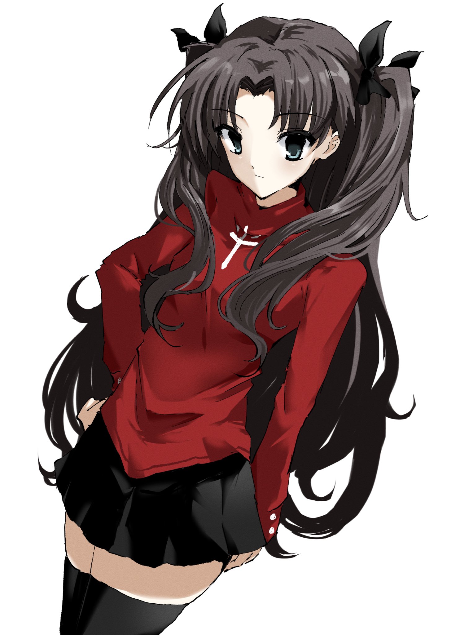 takanashi (takanya shi), tohsaka rin, fate/stay night, fate (series), highres, 1girl, black hair, black skirt, black thighhighs, blue eyes, cowboy shot, hair ribbon, hand on own hip, long hair, long sleeves, looking at viewer, pleated skirt, red shirt, ribbon, shirt, simple background, skirt, smile, solo, thighhighs, turtleneck, turtleneck shirt, two side up, white background