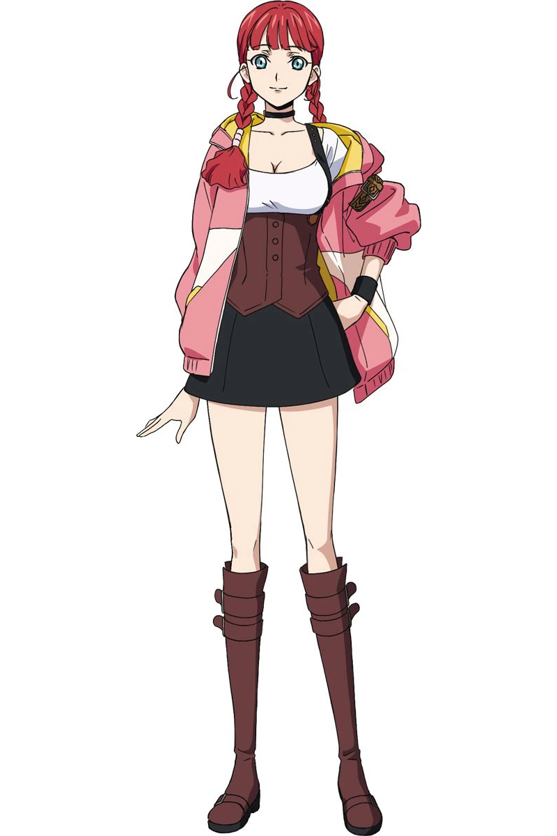 highres, official art, 1girl, anime coloring, blunt bangs, boots, breasts, brown boots, coat, code geass: pule almaria, dress, green eyes, jewelry, knee boots, low twintails, neck ring, pink coat, red hair, satori richelieu, smile, twintails