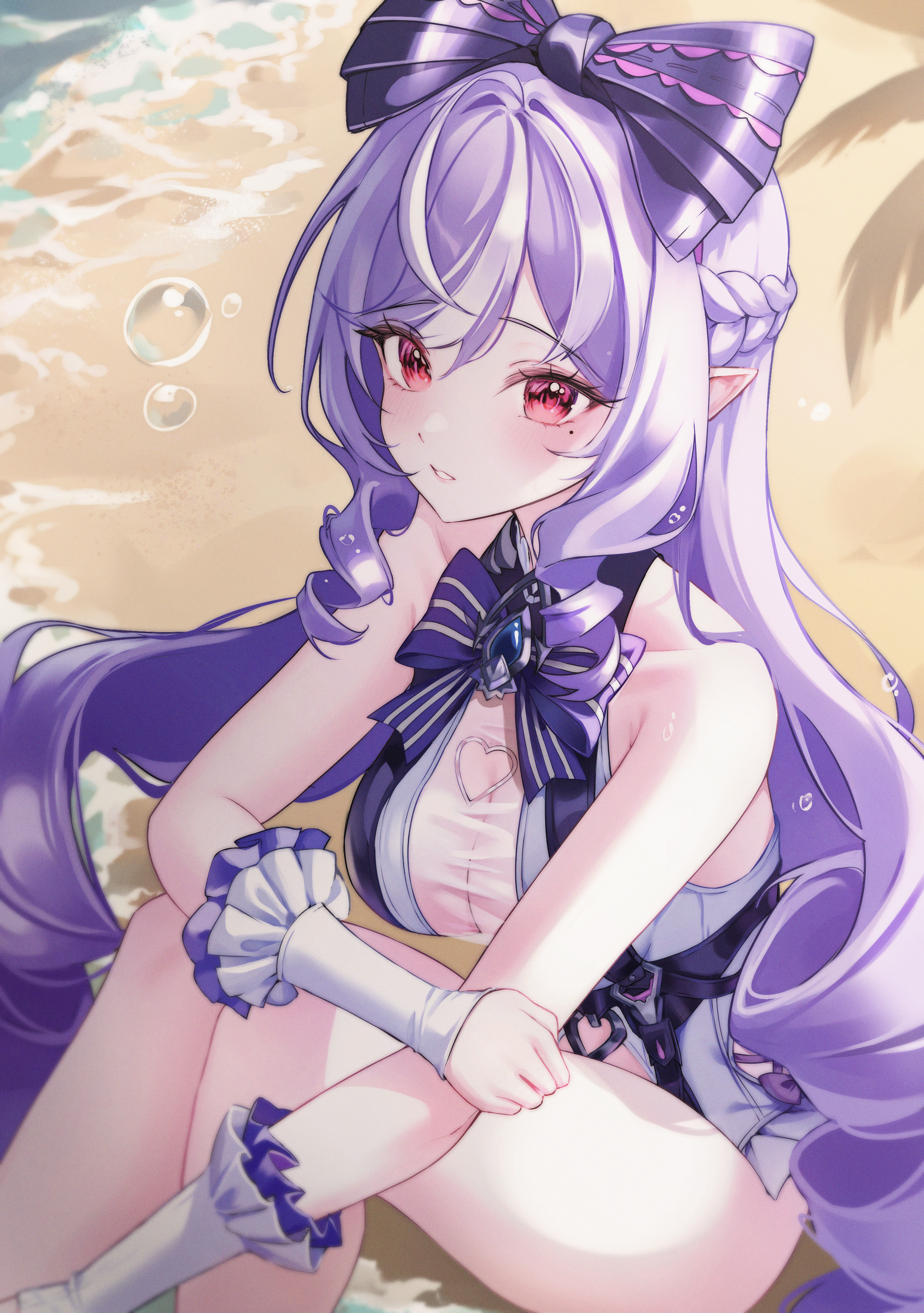 nurie6351, vivian banshee, vivian banshee (iris of the shore), zenless zone zero, absurdres, commentary, english commentary, highres, 1girl, ahoge, arm on knee, bare shoulders, beach, blue gemstone, bow, bowtie, breasts, bubble, clothing cutout, collarbone, cowboy shot, drill hair, drill sidelocks, frilled one-piece swimsuit, frilled wrist cuffs, frills, gem, hair bow, heart cutout, knees up, large breasts, long hair, looking at viewer, mole, mole under eye, official alternate costume, one-piece swimsuit, outdoors, palm tree, parted lips, pointy ears, purple bow, purple bowtie, purple hair, red eyes, sand, see-through clothes, shadow, sidelocks, sitting, solo, stomach cutout, swimsuit, tree, two-tone one-piece swimsuit, water, white one-piece swimsuit, wrist cuffs