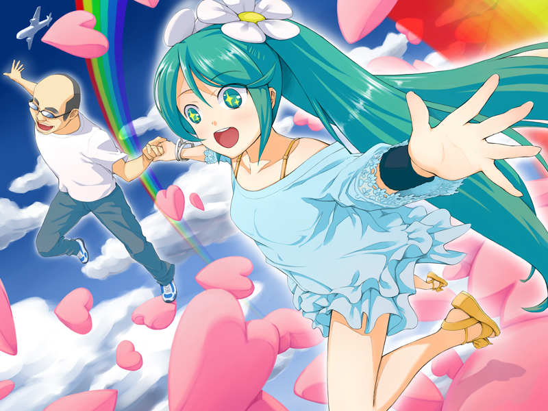 manbou, sammohung teacher, hatsune miku, vocaloid, + +, 1girl, aircraft, airplane, aqua eyes, aqua hair, bald, cloud, day, female focus, flower, glasses, heart, holding hands, long hair, old, old man, rainbow, sandals, sky, solo, twintails