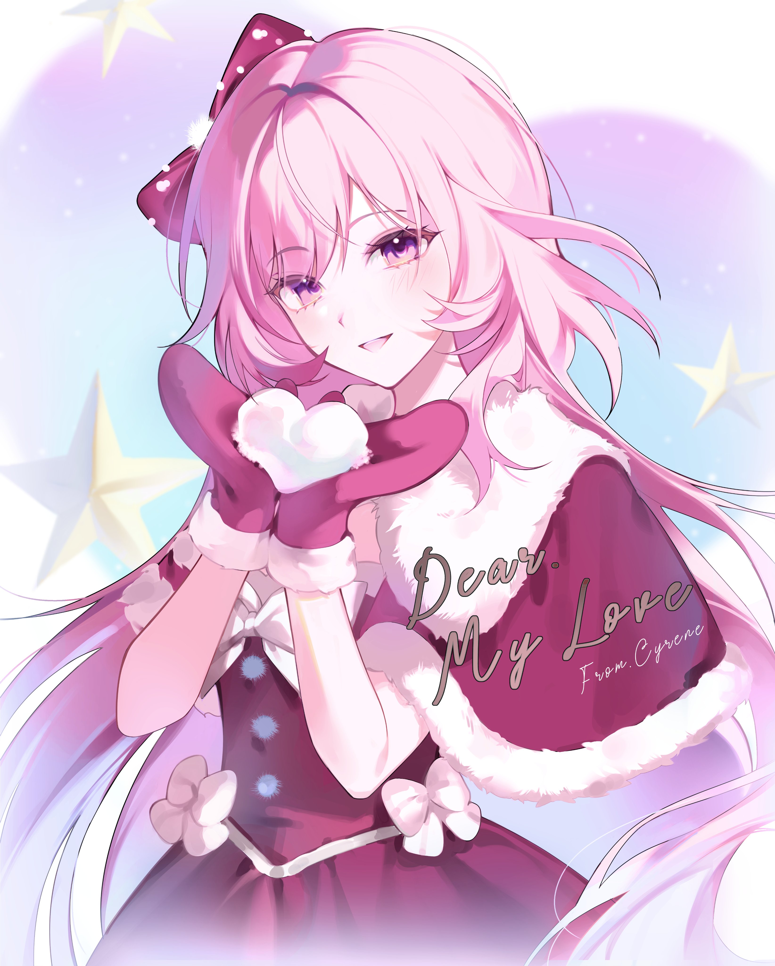 nod2 u, cyrene (honkai: star rail), honkai: star rail, honkai (series), absurdres, hashtag-only commentary, highres, 1girl, alternate costume, capelet, cyrene (demiurge) (honkai: star rail), diamond-shaped pupils, diamond (shape), dress, english text, fur-trimmed capelet, fur trim, gloves, holding, holding snowball, long hair, looking at viewer, pink hair, red capelet, red dress, red gloves, snowball, solo, symbol-shaped pupils, very long hair, winter clothes