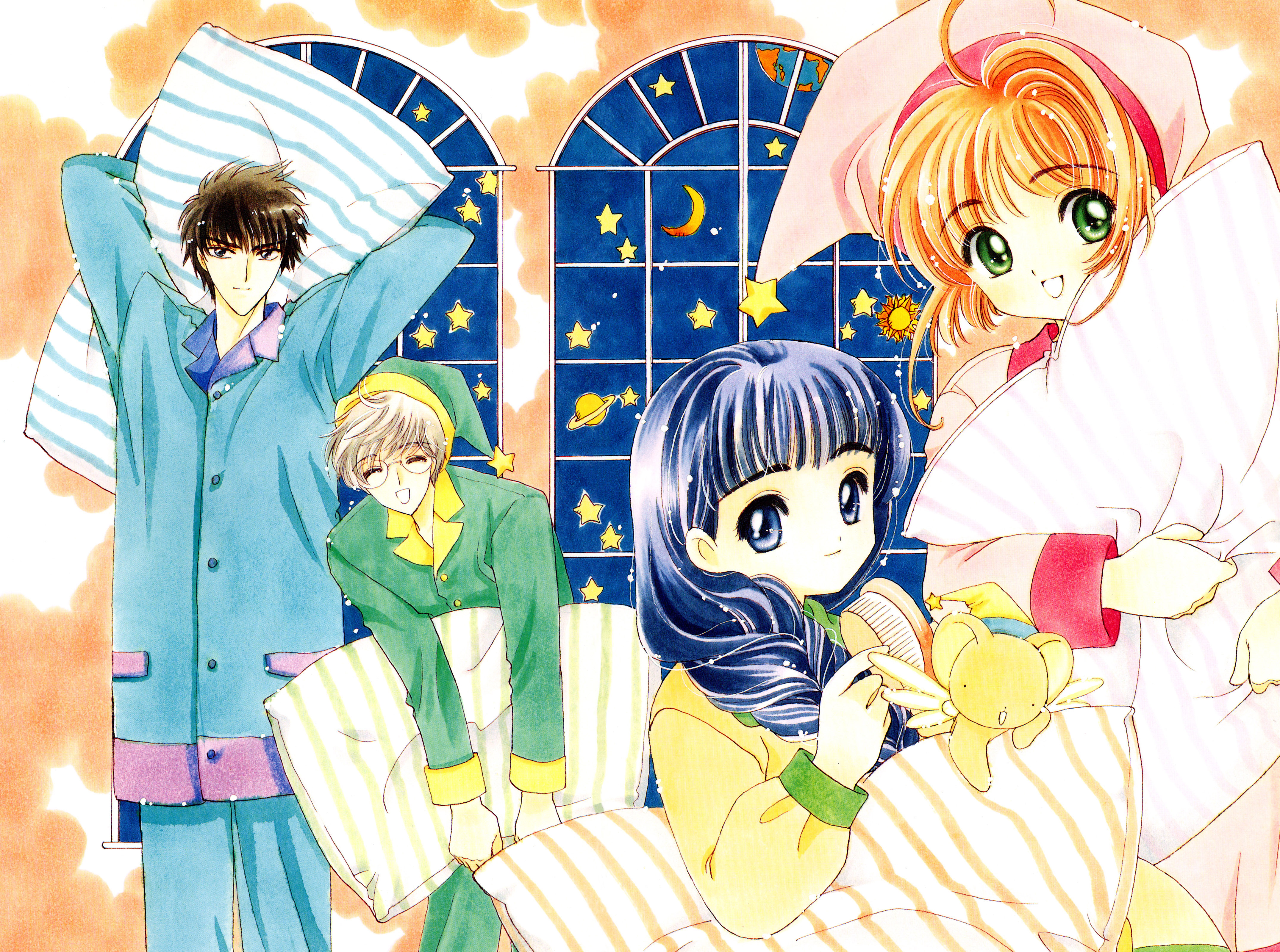 clamp, daidouji tomoyo, kinomoto sakura, kinomoto touya, tsukishiro yukito, cardcaptor sakura, absurdres, highres, 1990s (style), 2boys, 2girls, ahoge, blouse, blue hair, blue shirt, blunt bangs, braid, brown hair, child, collared shirt, green shirt, hair over shoulder, indoors, long hair, multiple boys, multiple girls, pink shirt, retro artstyle, shirt, short hair, single braid, sky, standing, star (sky), starry sky, yellow shirt