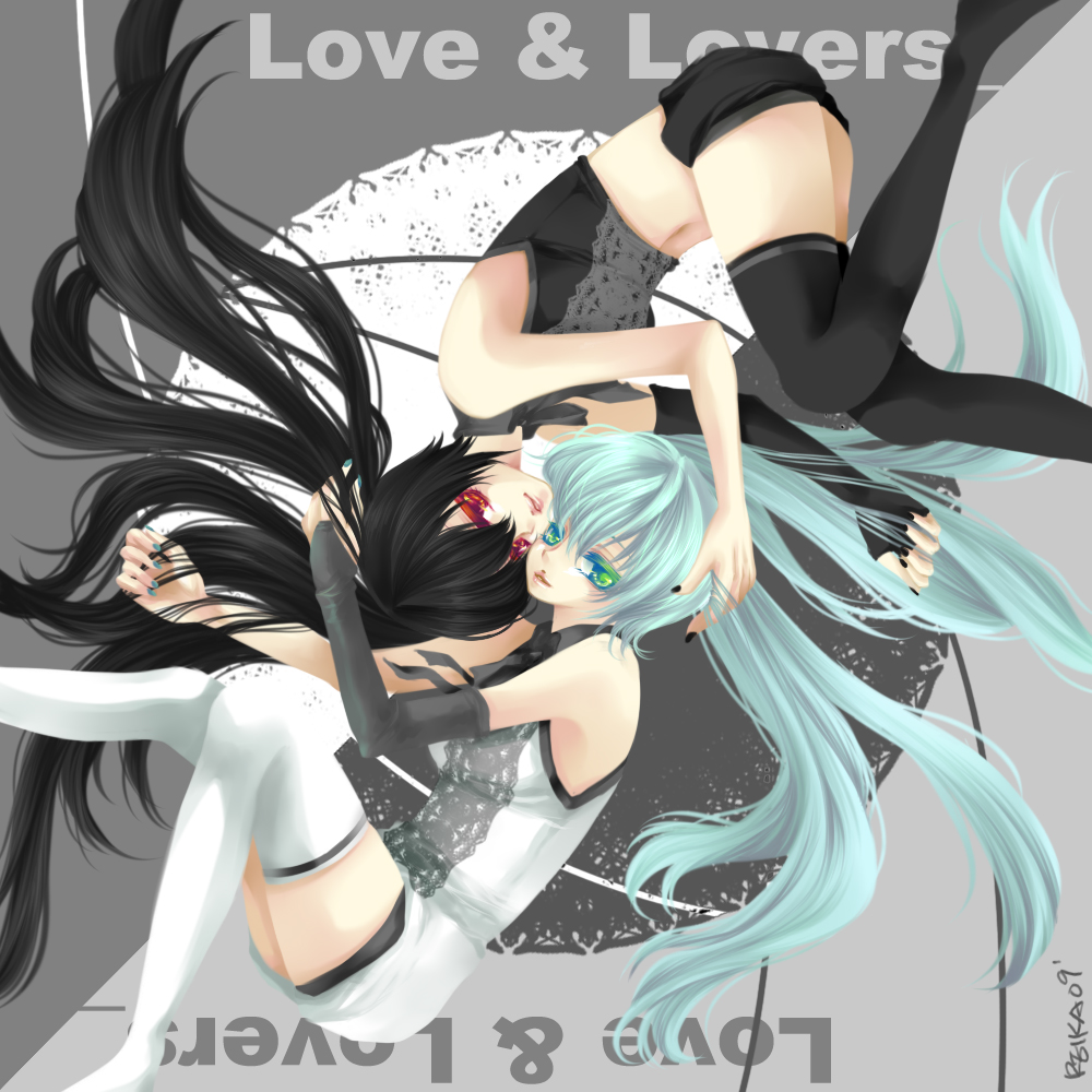 reika (iamreika), hatsune miku, zatsune miku, ura-omote lovers (vocaloid), vocaloid, bad id, bad pixiv id, 2girls, alternate color, aqua eyes, aqua hair, black hair, black vs white, dual persona, long hair, multiple girls, red eyes, smile, thighhighs, twintails, very long hair