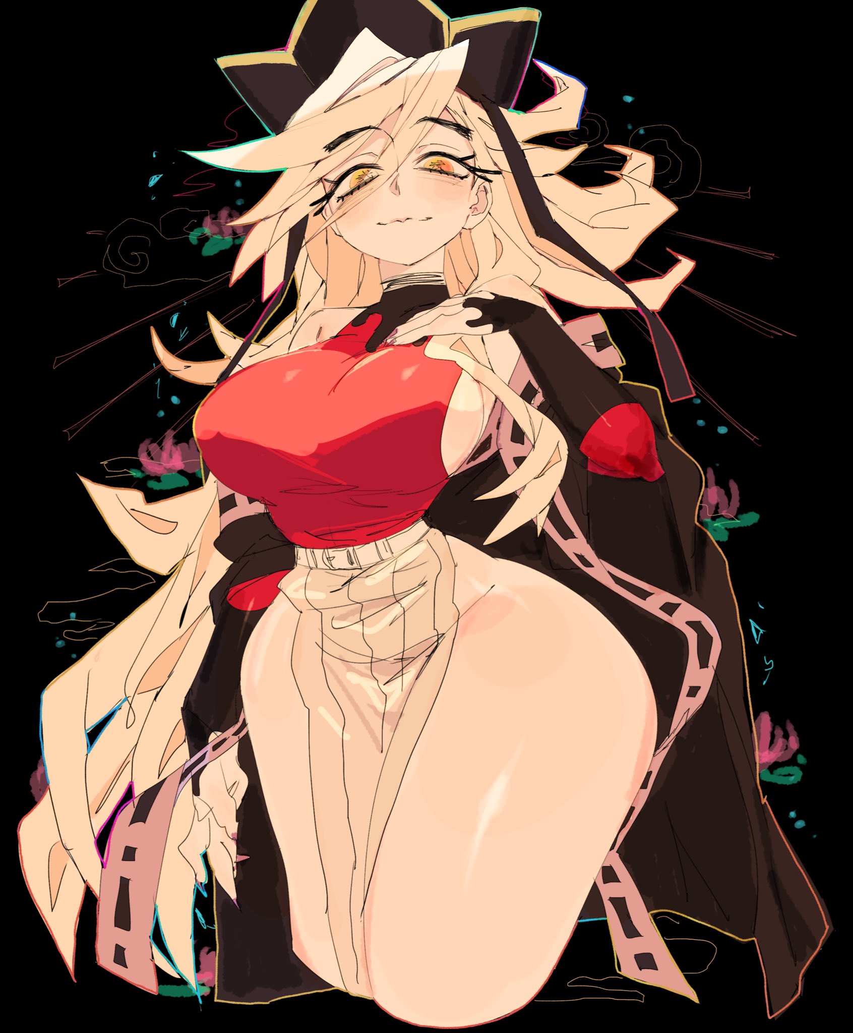 usa37107692, douma (kimetsu no yaiba), kimetsu no yaiba, commentary request, highres, 1girl, black background, black hat, blonde hair, breasts, closed mouth, cropped legs, curvy, genderswap, genderswap (mtf), hand on own chest, hat, large breasts, long hair, long sleeves, looking at viewer, pelvic curtain, red shirt, shirt, sleeveless, sleeveless shirt, smile, solo, swept bangs, text in eyes, thick thighs, thighs, wide hips, yellow eyes