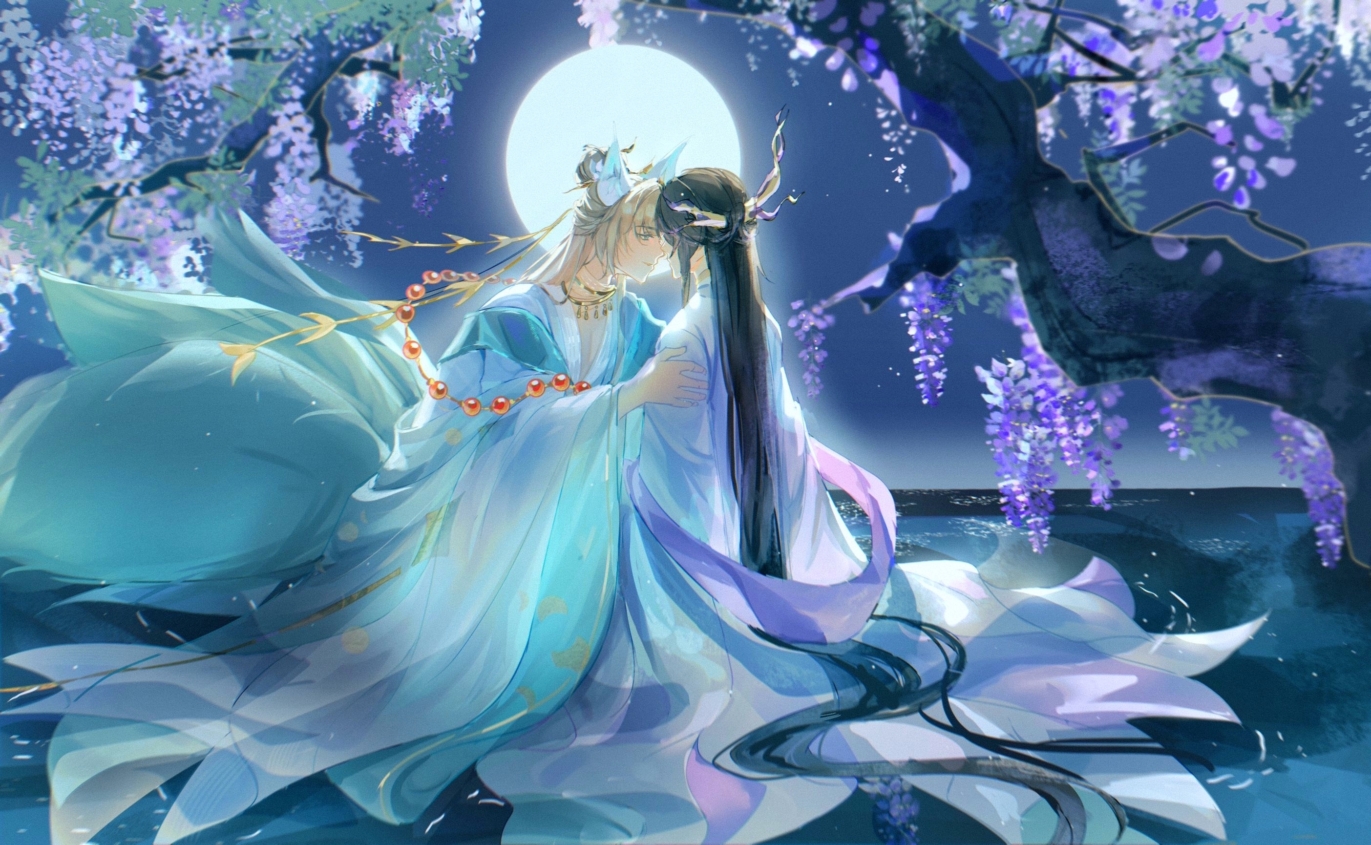 hua yi shanxin zhiyue, chinese commentary, commentary request, highres, 2boys, animal ears, aqua hanfu, aqua robe, beads, black hair, brown hair, chinese clothes, closed mouth, face-to-face, ffzwlb, flower, fox boy, fox ears, fox tail, full body, full moon, gold choker, hair between eyes, hair branch, hair bun, hair ornament, hair stick, hand on another's shoulder, hanfu, hua chen, kitsune, long hair, long sleeves, male focus, moon, multiple boys, multiple tails, night, official alternate costume, on grass, outdoors, parted lips, profile, purple flower, purple shawl, robe, shawl, single hair bun, sitting, smile, tail, tree, under tree, very long hair, white robe, wide sleeves, wisteria, yaoi, yu ze