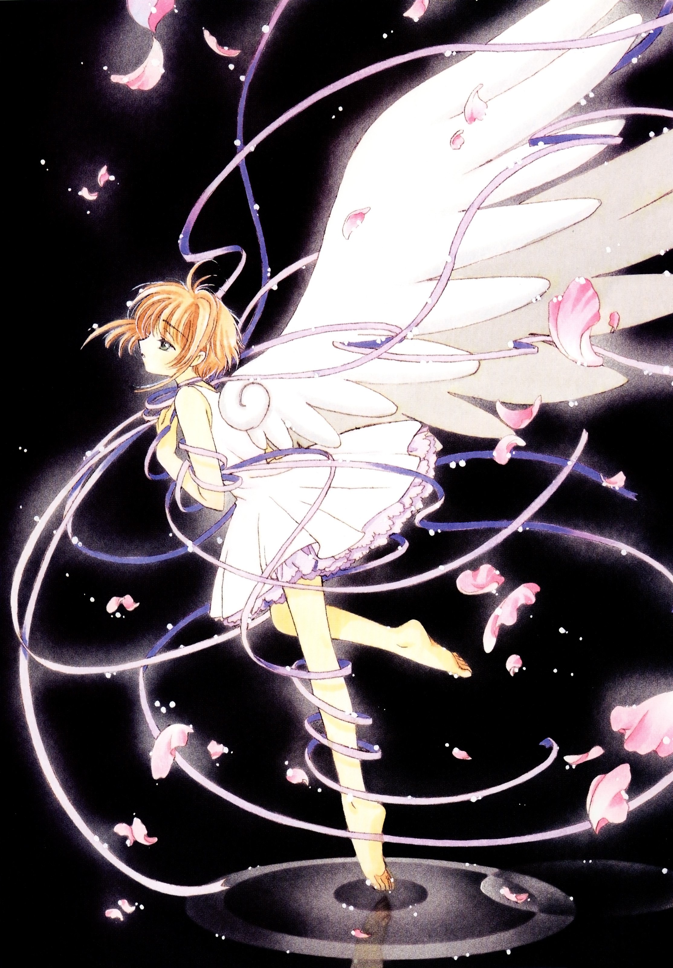 clamp, kinomoto sakura, cardcaptor sakura, absurdres, highres, official art, 1990s (style), 1girl, antenna hair, barefoot, black background, brown hair, child, dress, feet, female focus, from side, full body, petals, retro artstyle, ribbon, short hair, solo, standing, standing on one leg, wings