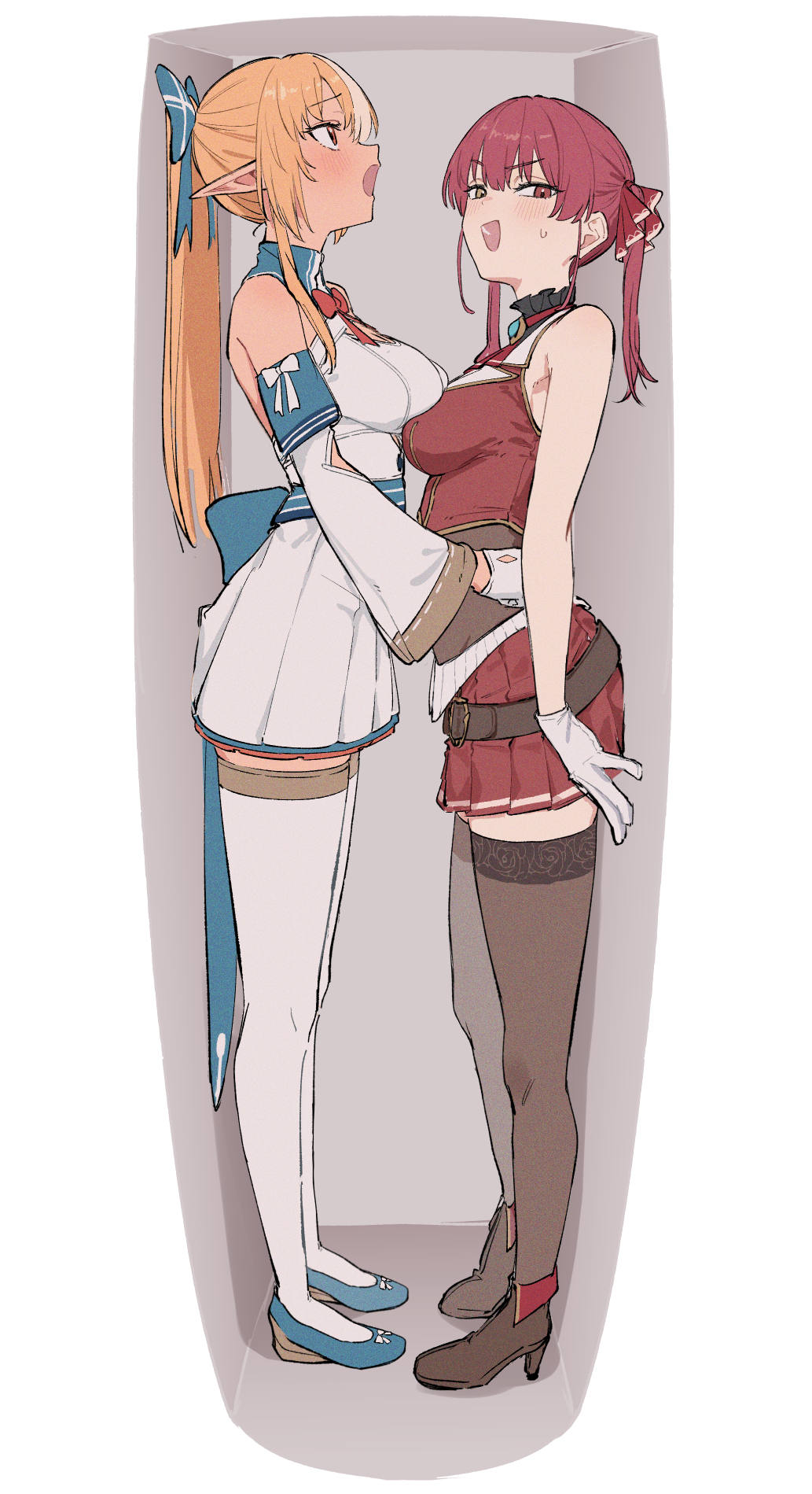 shino 12a, houshou marine, houshou marine (1st costume), shiranui flare, shiranui flare (1st costume), hololive, commentary request, highres, 2girls, asymmetrical docking, blonde hair, breast press, breasts, embarrassed, frilled skirt, frills, heterochromia, lace, lace-trimmed thighhighs, lace trim, large breasts, long hair, multiple girls, open mouth, pantyhose, pointy ears, ponytail, red eyes, red hair, simple background, skirt, sweat, thighhighs, twintails, virtual youtuber, white background, yellow eyes