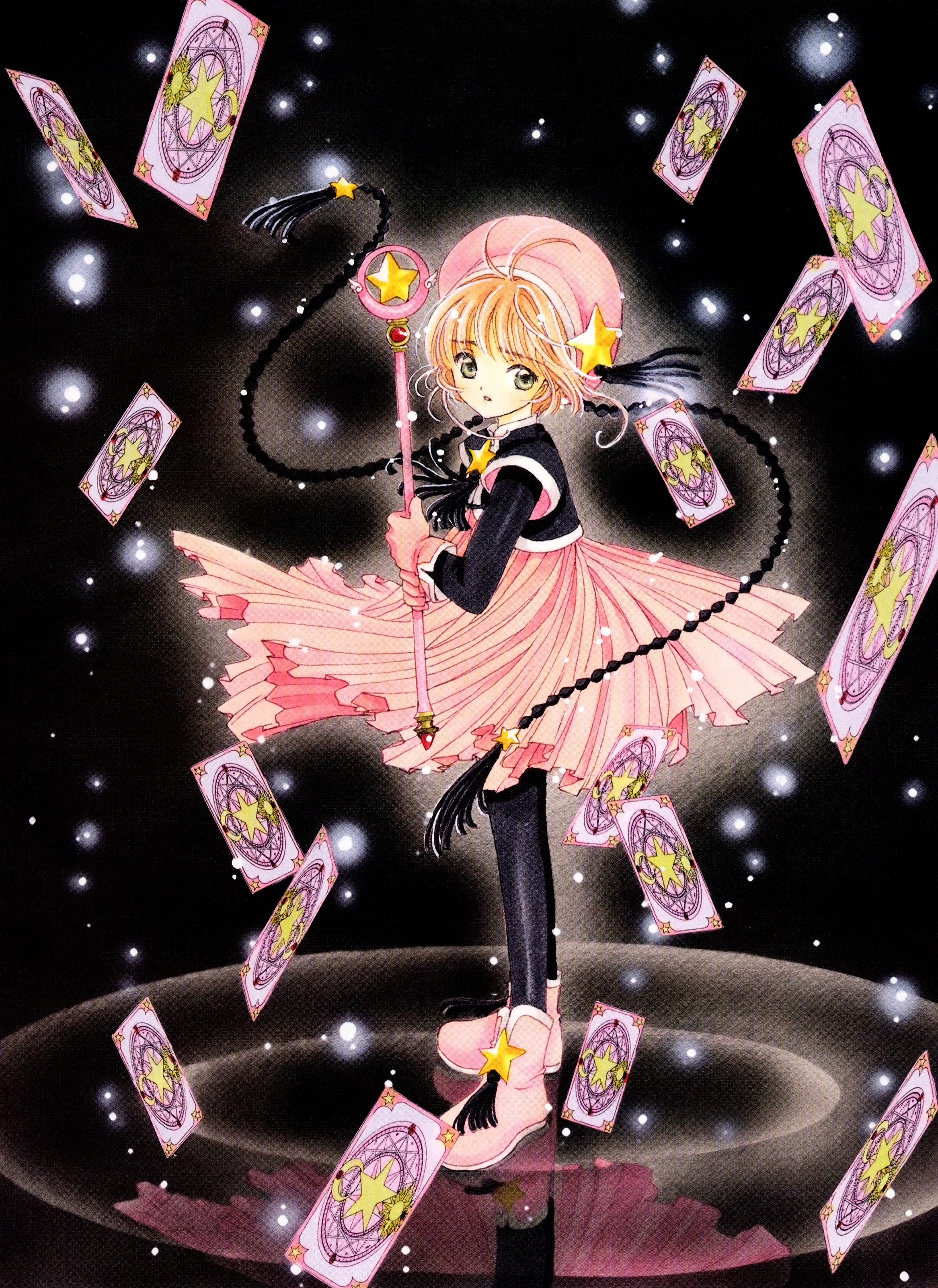clamp, kinomoto sakura, cardcaptor sakura, absurdres, highres, official art, 1990s (style), 1girl, black background, black pantyhose, boots, brown hair, card, child, dress, female focus, from side, full body, green eyes, hat, hoshi no tsue, magical girl, pantyhose, pink boots, pink hat, reflection, retro artstyle, short hair, solo, standing