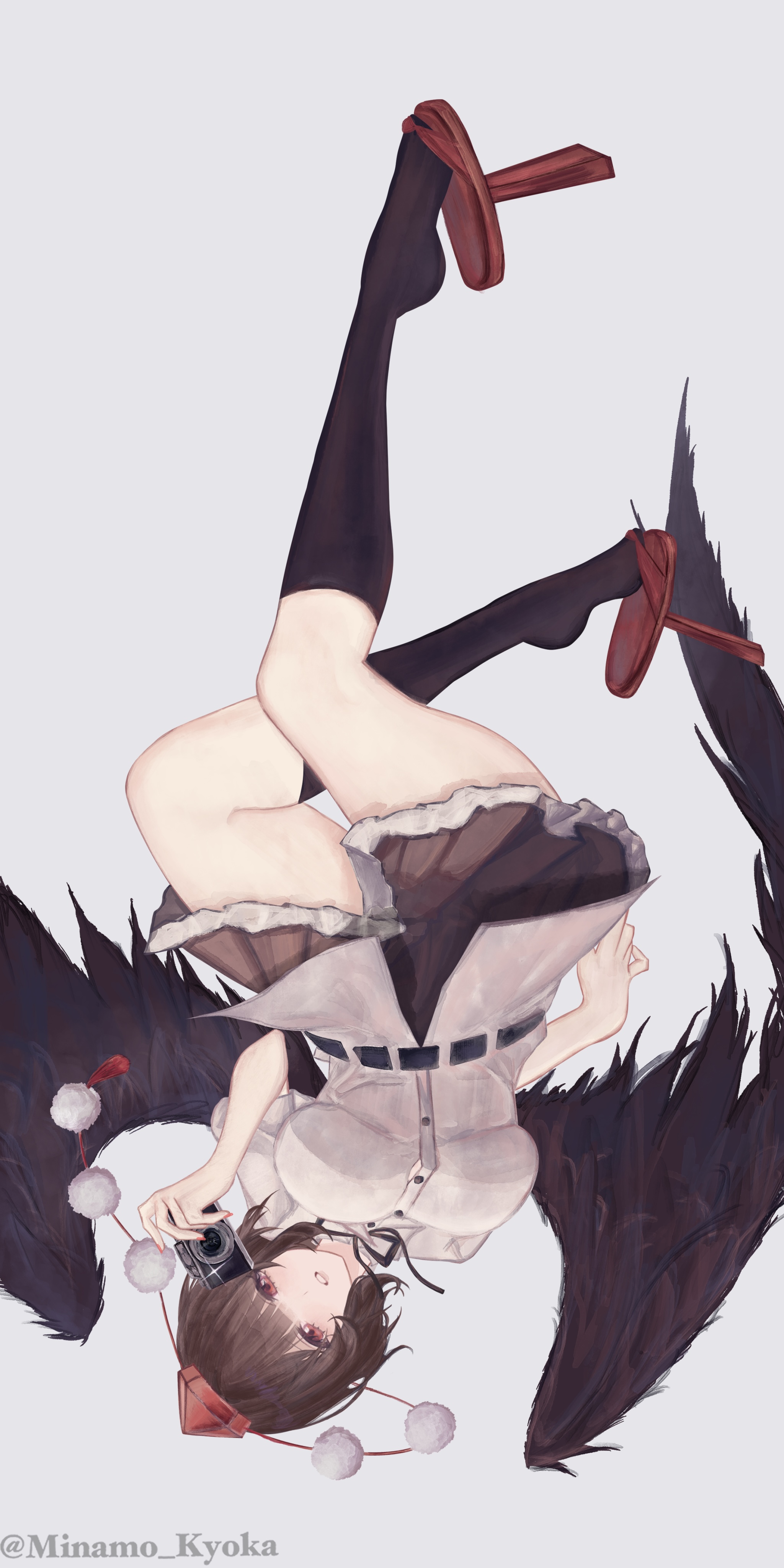 shameimaru aya, touhou, absurdres, commentary request, highres, 1girl, black hair, black skirt, black socks, black wings, blunt bangs, breasts, camera, feathered wings, fingernails, geta, hat, holding, holding camera, kneehighs, large breasts, looking at viewer, minamo kyoka, miniskirt, nail polish, pom pom (clothes), red eyes, shirt, shoe dangle, short hair, short sleeves, simple background, skirt, socks, solo, tengu-geta, thighs, tokin hat, twitter username, white shirt, wings