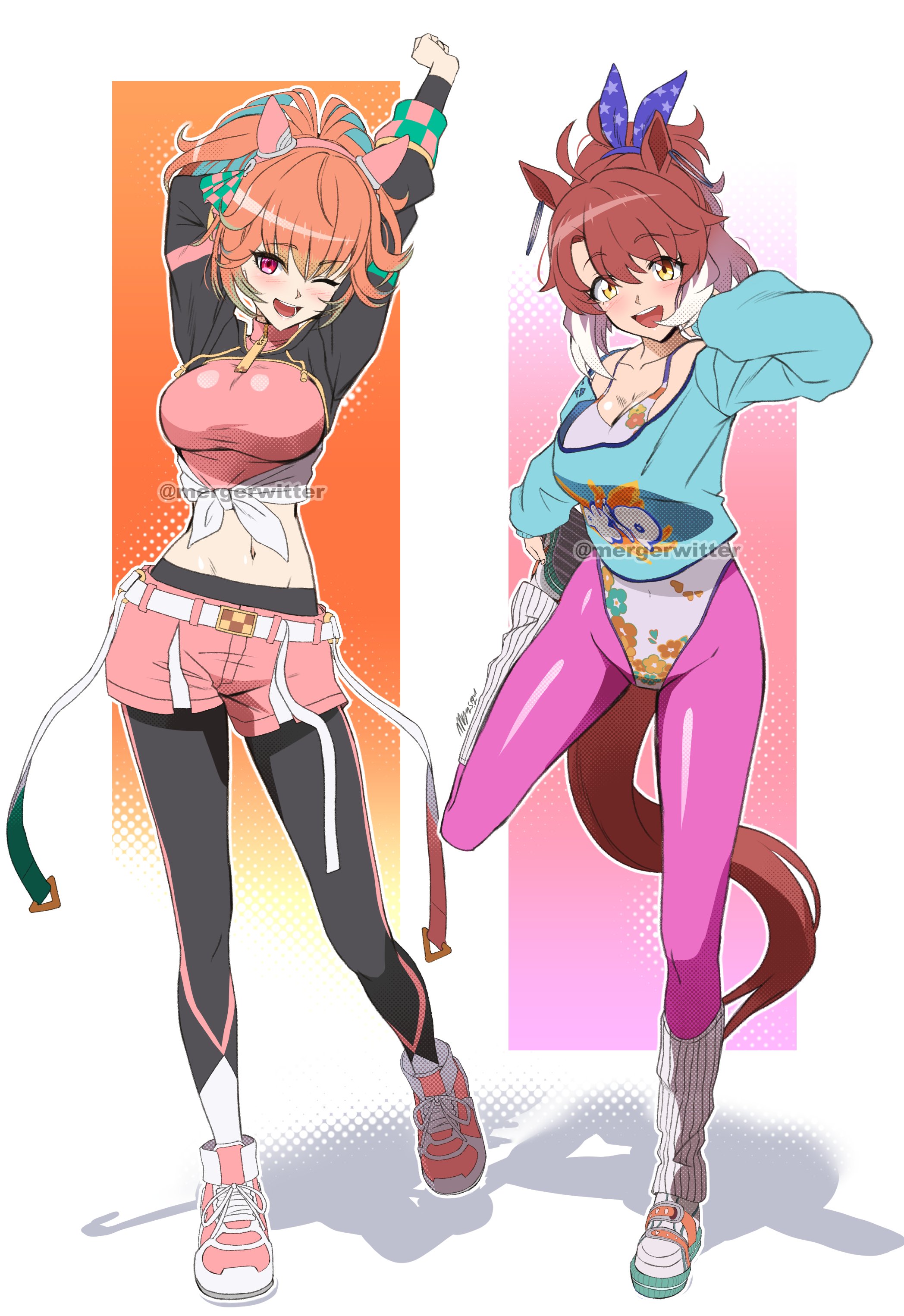 mergeritter, dantsu flame (center spotlight) (umamusume), dantsu flame (umamusume), takanashi kiara, takanashi kiara (fever night), hololive, hololive english, umamusume, absurdres, commentary, english commentary, highres, 2girls, animal ears, cosplay, costume switch, dantsu flame (umamusume) (cosplay), horse ears, horse girl, horse tail, looking at viewer, multiple girls, orange hair, pantyhose, pink pantyhose, red eyes, short hair, smile, tail, takanashi kiara (cosplay)