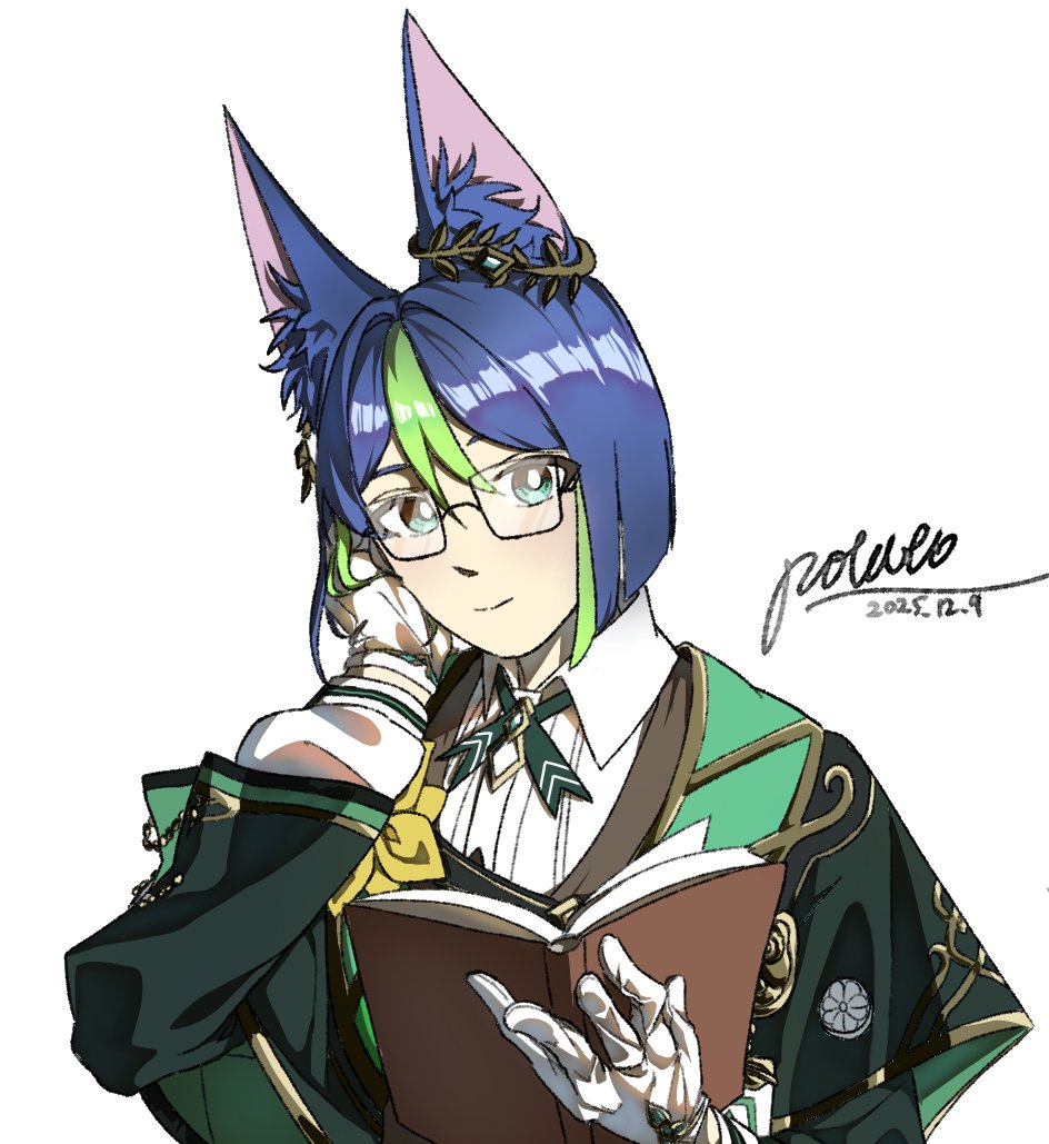 tighnari (genshin impact), genshin impact, commentary request, korean commentary, 1boy, animal ear fluff, animal ears, black hair, closed mouth, fox boy, fox ears, glass, gloves, green eyes, green hair, hair between eyes, looking at viewer, male focus, multicolored hair, short hair, simple background, solo, streaked hair, tighnari (duolingo) (genshin impact), white background