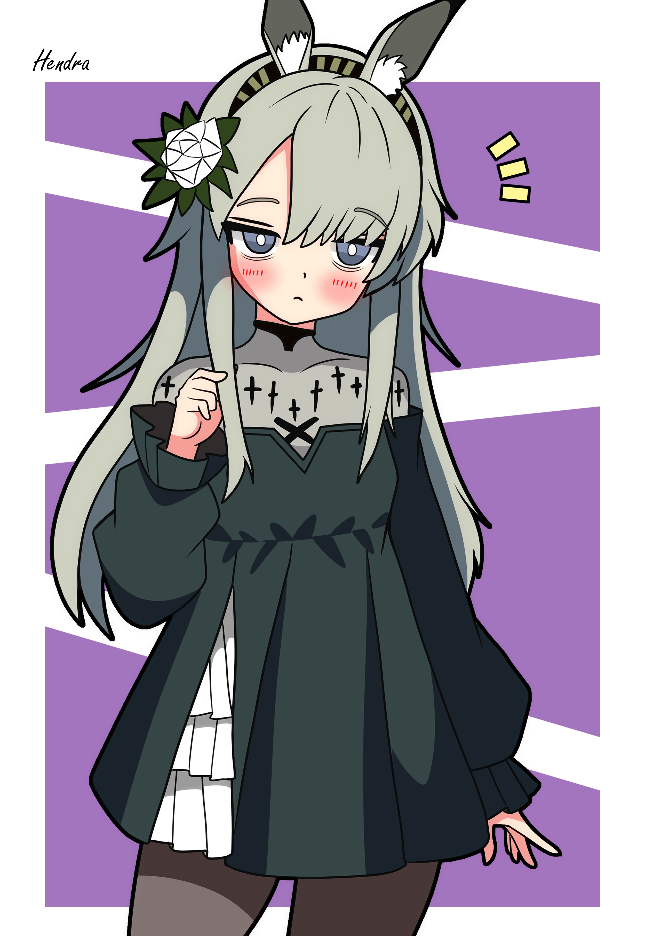 hendra, heavyrain (arknights), arknights, absurdres, commentary request, highres, 1girl, animal ear fluff, animal ears, artist name, bags under eyes, black pantyhose, blue eyes, blush, border, breasts, closed mouth, contrapposto, dress, flower, grey hair, hair flower, hair ornament, hairband, horse ears, horse girl, long hair, long sleeves, looking at viewer, notice lines, outside border, pantyhose, puffy long sleeves, puffy sleeves, purple background, simple background, small breasts, solo, standing, white border, white flower