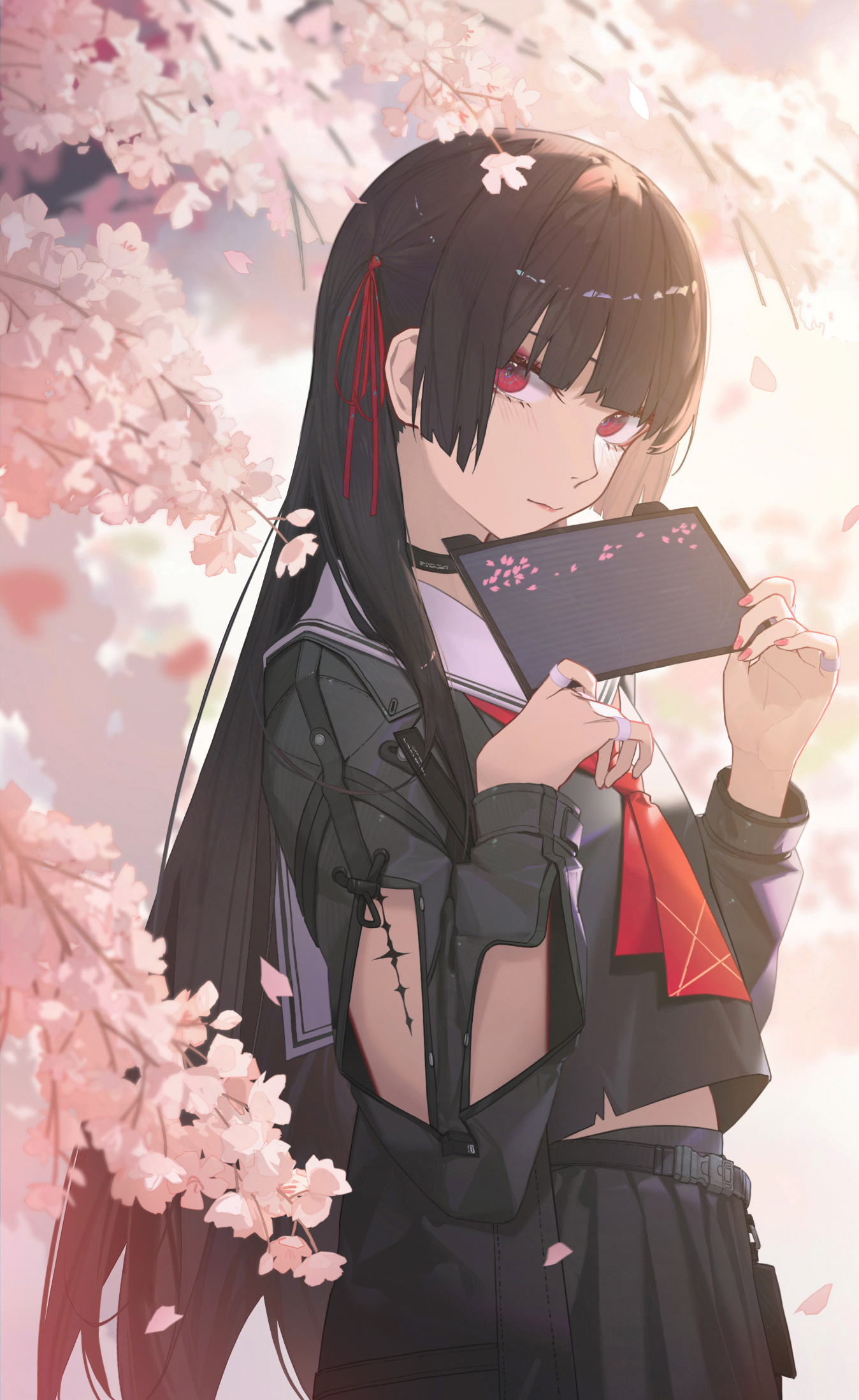 reirz, chisa (wuthering waves), wuthering waves, commentary request, highres, 1girl, arm cutout, black choker, black hair, black jacket, black shirt, black skirt, breasts, cherry blossoms, choker, closed mouth, clothing cutout, fingernails, from side, hair ribbon, holding, jacket, long hair, long sleeves, looking at viewer, looking to the side, medium breasts, neckerchief, red eyes, red neckerchief, red ribbon, ribbon, sailor collar, shirt, skirt, solo, tacet mark (wuthering waves), white sailor collar