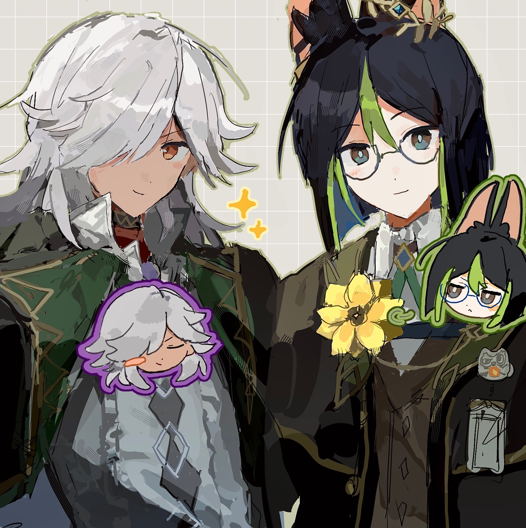 tori maru, cyno (genshin impact), tighnari (genshin impact), genshin impact, commentary request, highres, 2boys, animal ear fluff, animal ears, black hair, closed mouth, cyno (duolingo) (genshin impact), dark-skinned male, dark skin, fox boy, fox ears, glass, gloves, green eyes, green hair, hair between eyes, hair over one eye, long hair, looking at viewer, male focus, multicolored hair, multiple boys, red eyes, short hair, simple background, streaked hair, tighnari (duolingo) (genshin impact), white hair