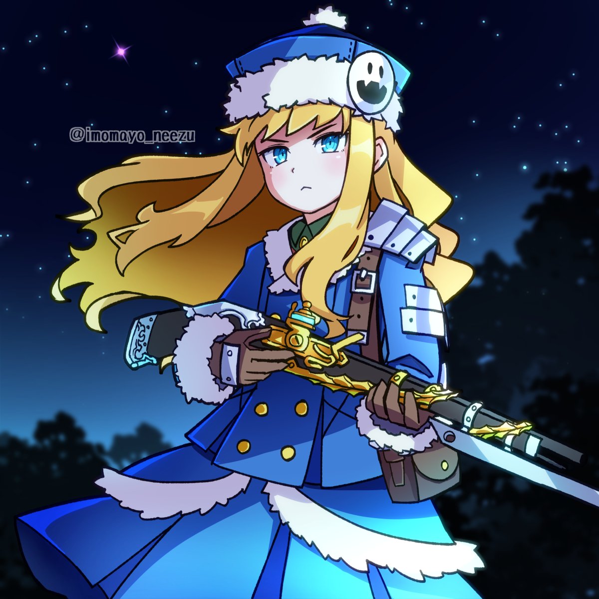 imomayo neezu, gunner (sekaiju), gunner 2 (sekaiju), jack frost (megami tensei), etrian odyssey, sekaiju no meikyuu, sekaiju no meikyuu 2, commentary request, highres, 1girl, antique firearm, armor, blonde hair, blue dress, blue eyes, coat, dress, firearm, firelock, flintlock, fur-trimmed headwear, fur-trimmed sleeves, fur trim, gloves, gun, hat, holding, holding gun, holding weapon, long hair, rifle, solo, weapon