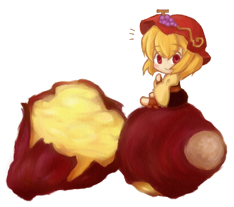 sinhto, aki minoriko, touhou, bad id, bad pixiv id, 1girl, blonde hair, chibi, female focus, food, fruit, grapes, hat, in food, mini person, minigirl, potato, red eyes, short hair, sitting, solo, sweet potato, white background