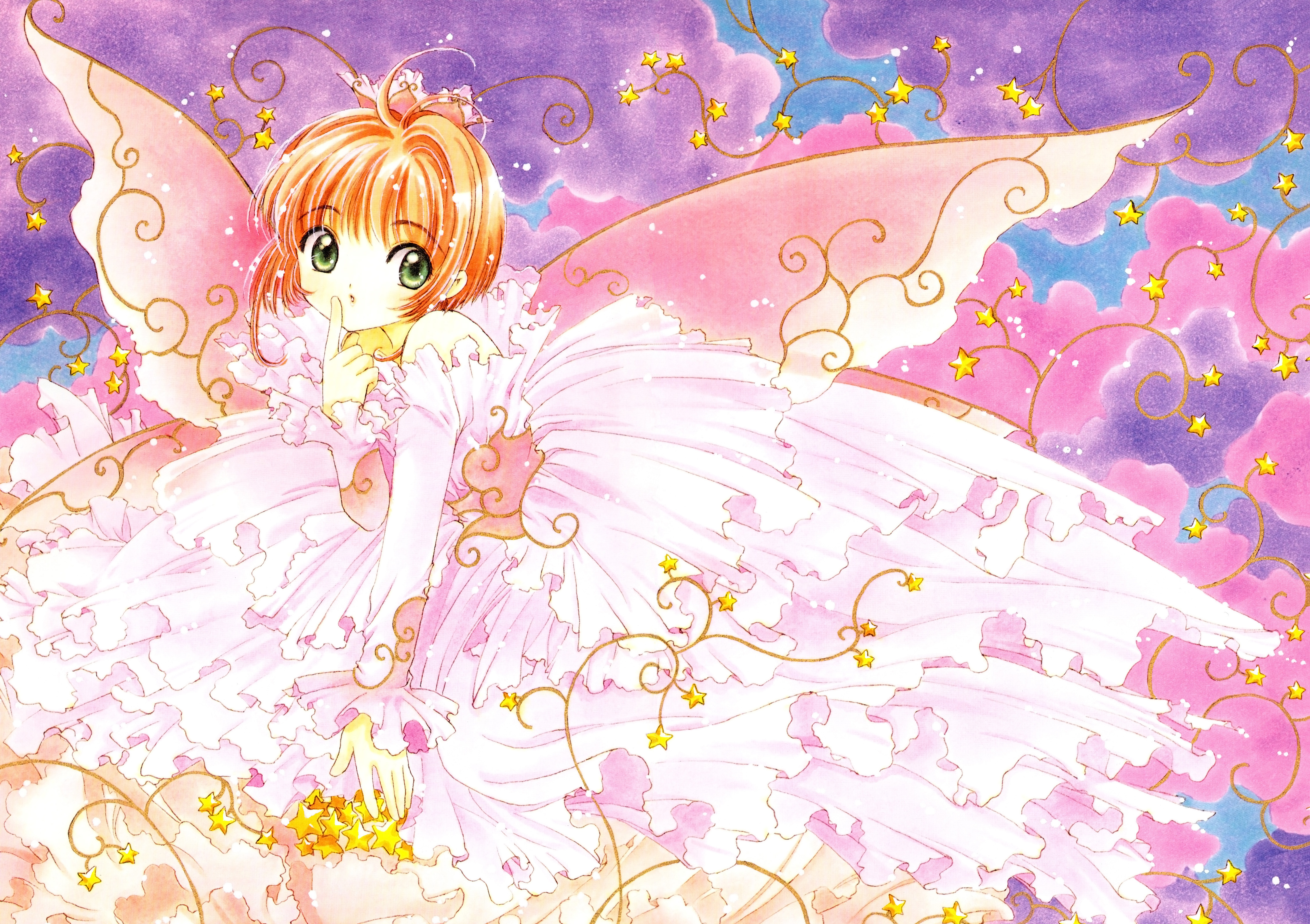 clamp, kinomoto sakura, cardcaptor sakura, absurdres, highres, official art, 1990s (style), 1girl, antenna hair, brown hair, child, dress, female focus, green eyes, off shoulder, retro artstyle, short hair, solo, wings