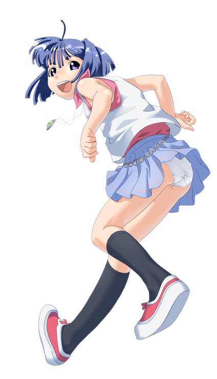 makochin, original, 1girl, ass, black socks, blouse, blue eyes, blue hair, female focus, jewelry, kneehighs, loli, looking back, matching hair/eyes, miniskirt, necklace, panties, pantyshot, petite, pleated skirt, shirt, shoes, skirt, sleeveless, socks, solo, standing, underwear, upskirt, walking, white panties