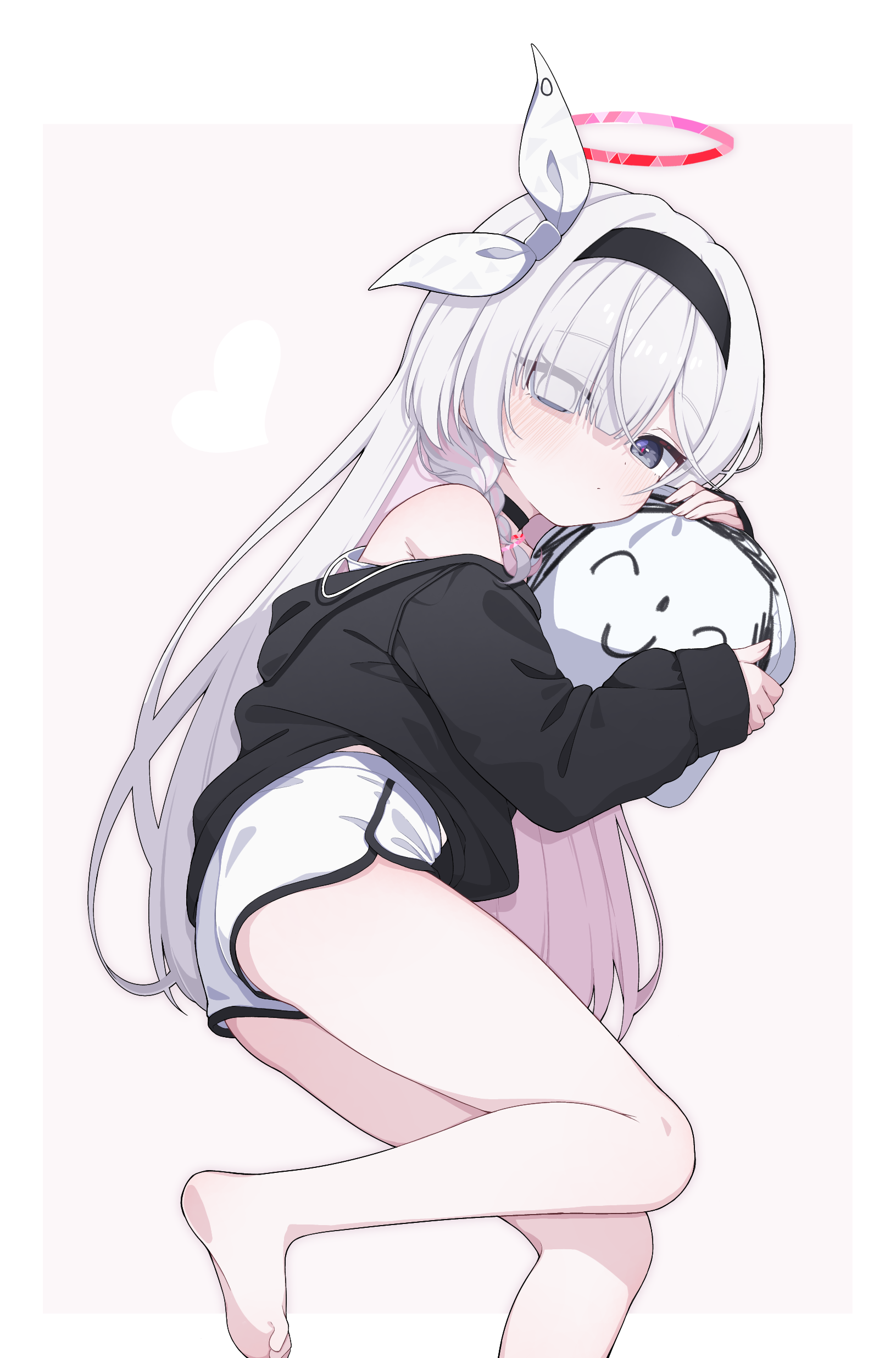 cinamon (cinamori), doodle sensei (blue archive), plana (blue archive), sensei (blue archive), blue archive, absurdres, commentary request, highres, 1girl, barefoot, black hairband, hairband, halo, long hair, shorts