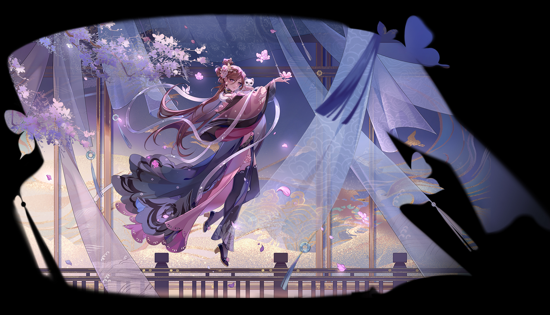 kusariling, hua yi shanxin zhiyue, chinese commentary, commentary request, highres, official art, 1girl, animal, animal on shoulder, bare shoulders, black border, black choker, black dress, black shoes, black thighhighs, blurry, border, bow-shaped hair, braid, branch, brown hair, chinese clothes, choker, closed mouth, curtains, depth of field, dress, earrings, facial mark, falling flower, falling petals, flower, flower earrings, flower thigh strap, footwear flower, from side, full body, hair between eyes, hair flower, hair ornament, hands up, hanfu, high-low dress, high heels, holding, holding flower, irregular border, jade (gemstone), jewelry, light particles, long hair, long sleeves, looking at viewer, looking to the side, mink (animal), off shoulder, on railing, petals, pink dress, pink eyes, pink flower, pink hanfu, pink lips, railing, see-through curtains, shawl, shoes, sliding doors, smile, solo, standing, standing on one leg, swept bangs, tassel, thigh strap, thighhighs, tiptoes, two-tone dress, very long hair, wave print, white shawl, wide sleeves, xiangyun, yue lian