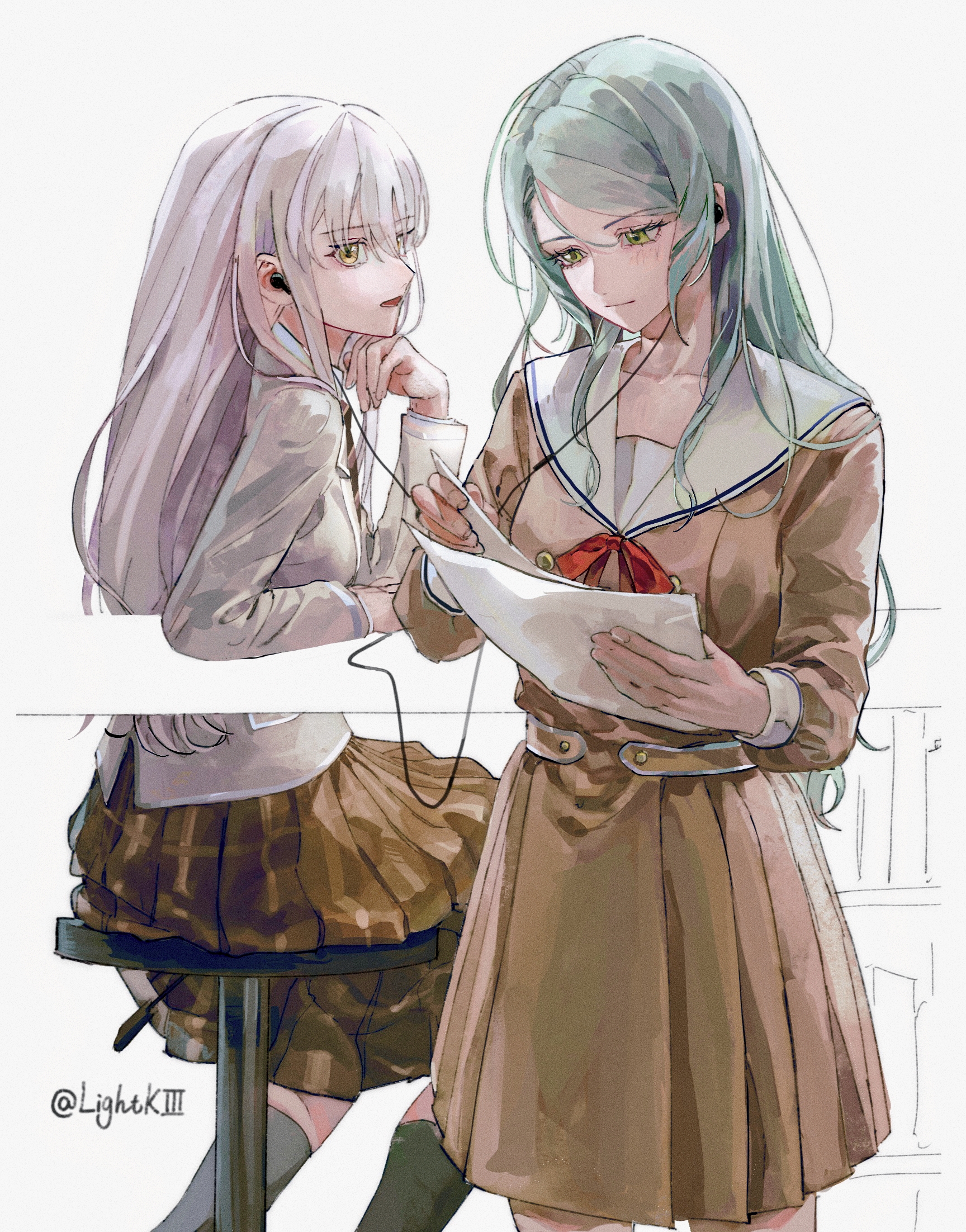 kinayone, hikawa sayo, minato yukina, bang dream!, commentary, highres, 2girls, aqua hair, black socks, blush, brown dress, brown skirt, closed mouth, dress, earphones, green eyes, grey jacket, hanasakigawa school uniform, haneoka school uniform, holding, holding paper, jacket, long hair, multiple girls, open mouth, paper, plaid clothes, plaid skirt, pleated skirt, red ribbon, ribbon, sailor collar, sailor dress, school uniform, shared earphones, simple background, sitting, skirt, socks, standing, white background, white hair, white sailor collar, yellow eyes