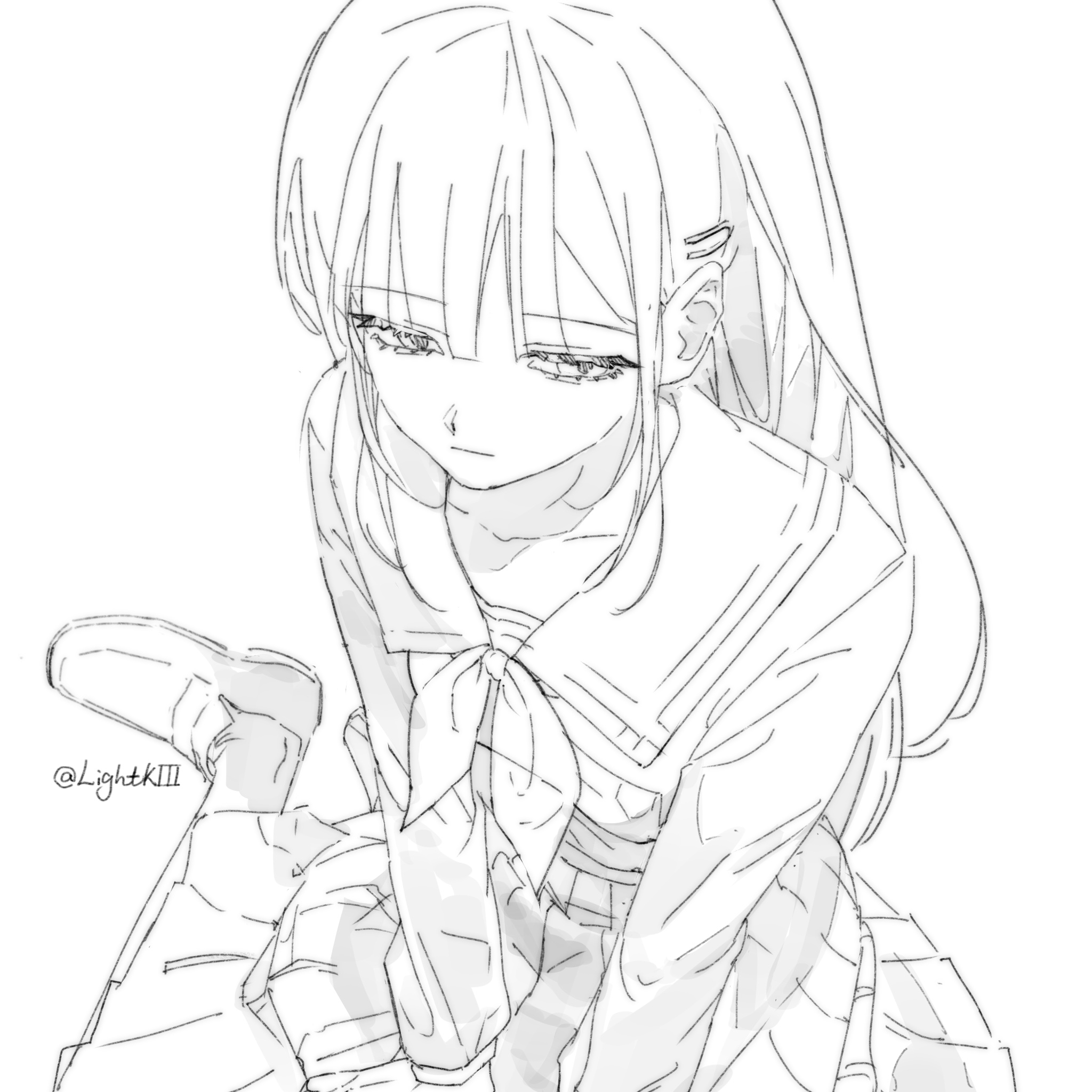 kinayone, wakaba mutsumi, bang dream!, bang dream! it's mygo!!!!!, commentary, highres, 1girl, blunt bangs, closed mouth, collarbone, expressionless, greyscale, hair ornament, hairpin, half-closed eyes, loafers, long hair, long sleeves, medium skirt, monochrome, neckerchief, pleated skirt, sailor collar, school uniform, serafuku, shoes, sidelocks, sitting, skirt, solo, tsukinomori school uniform, winter uniform