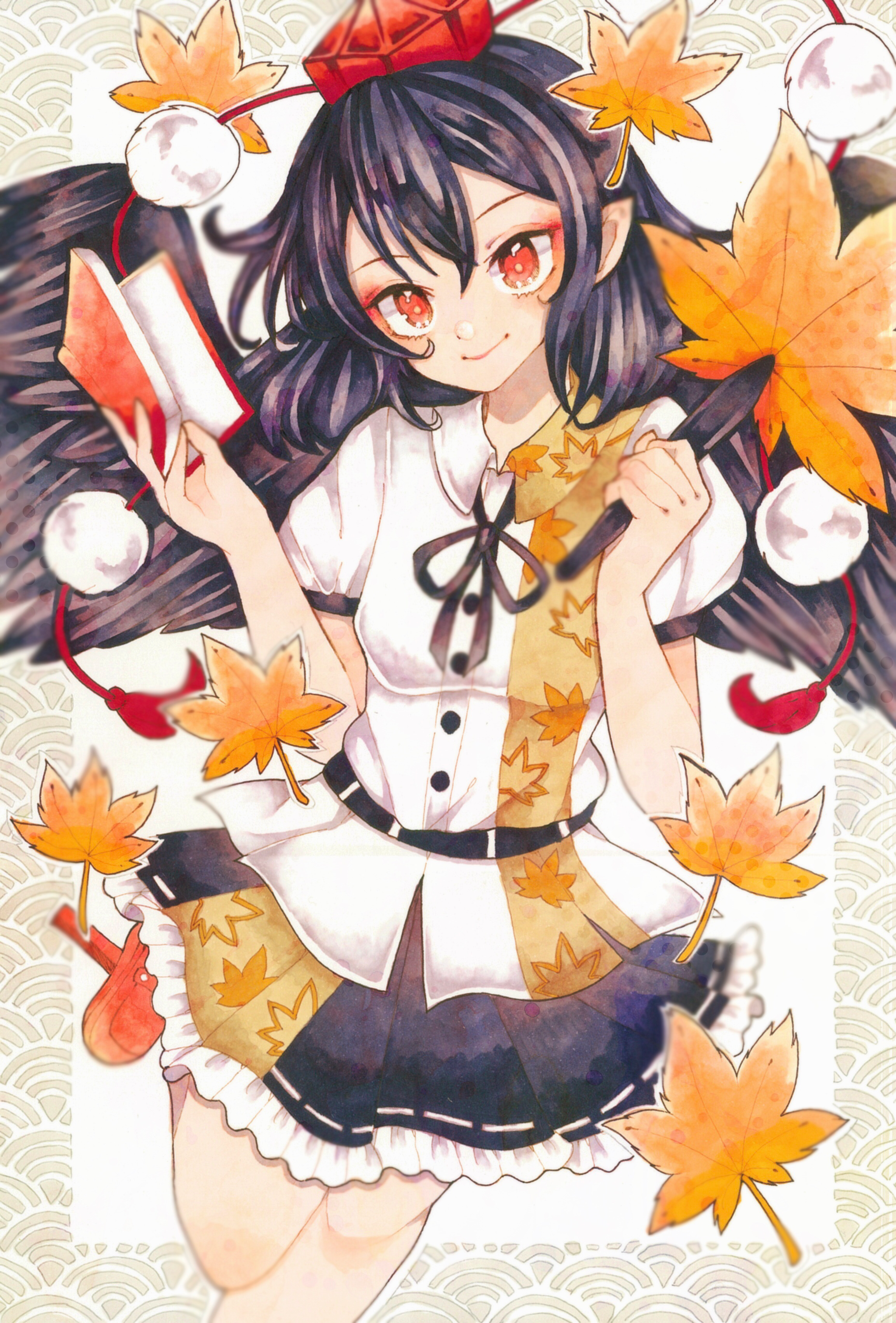 miyabiii oekaki, shameimaru aya, touhou, absurdres, commentary, highres, marker (medium), traditional media, 1girl, black hair, black ribbon, black skirt, black wings, blush, book, feathered wings, geta, hand fan, hat, hauchiwa, holding, holding book, holding fan, leaf, leaf print, looking ahead, maple leaf, maple leaf print, neck ribbon, orange eyes, pointy ears, pom pom (clothes), puffy short sleeves, puffy sleeves, ribbon, shirt, short sleeves, skirt, smile, solo, standing, standing on one leg, tengu-geta, tokin hat, white shirt, wings