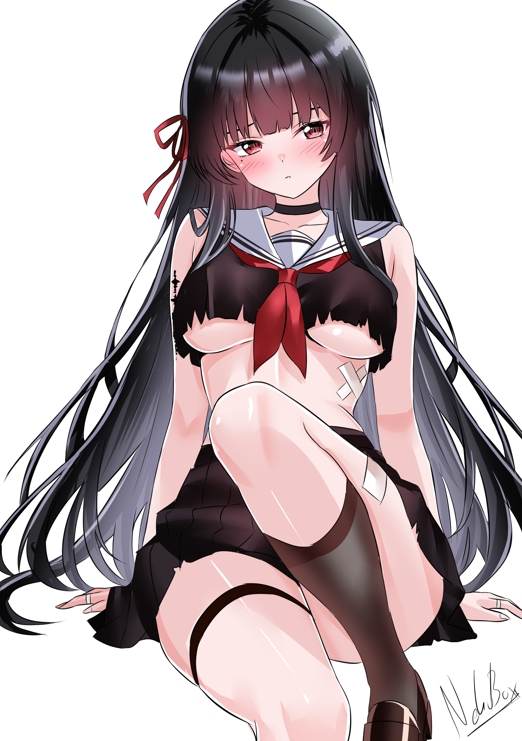 nekobox, chisa (wuthering waves), wuthering waves, absurdres, commentary, highres, 1girl, black choker, black hair, black shirt, black shoes, black skirt, black socks, breasts, choker, closed mouth, collarbone, hair ribbon, long hair, looking at viewer, mole, mole under eye, neckerchief, red eyes, red neckerchief, red ribbon, ribbon, sailor collar, shirt, shoes, signature, simple background, sitting, skirt, socks, solo, tacet mark (wuthering waves), thigh strap, torn clothes, torn shirt, underboob, very long hair, white background, white sailor collar
