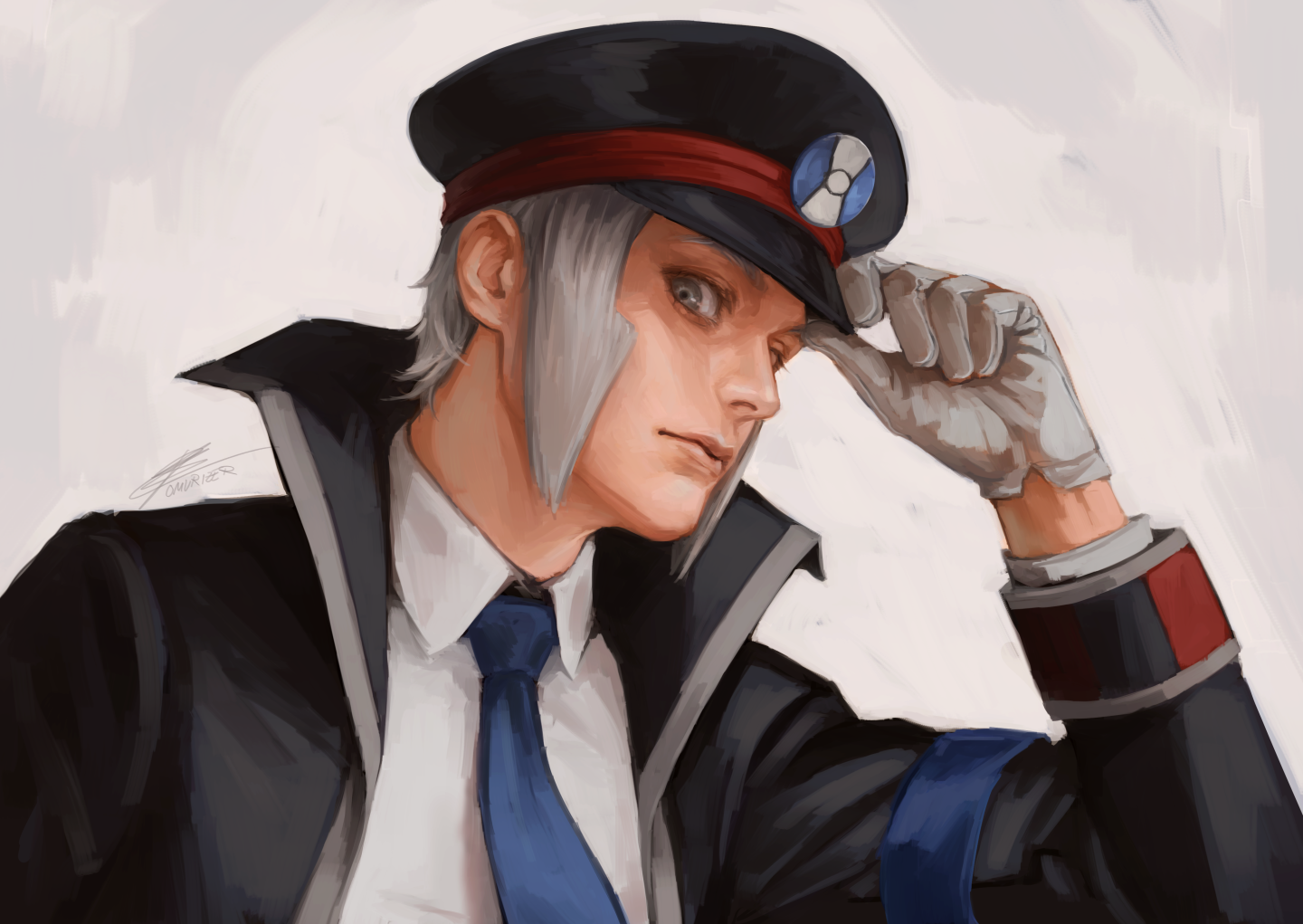 omurizer, ingo (pokemon), nintendo, pokemon, pokemon bw, commentary request, 1boy, armband, black coat, blue necktie, closed mouth, coat, collared shirt, gloves, grey eyes, grey hair, hand on headwear, hand up, hat, looking down, male focus, necktie, open clothes, open coat, peaked cap, shirt, short hair, signature, solo, upper body, white shirt