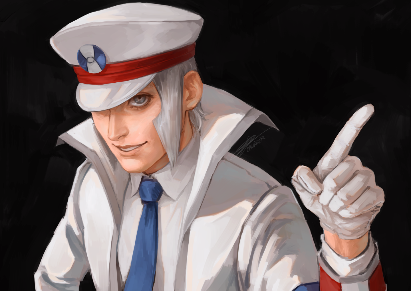 omurizer, emmet (pokemon), nintendo, pokemon, pokemon bw, commentary request, 1boy, blue necktie, coat, collared shirt, gloves, grey eyes, grey hair, grin, hand up, hat, index finger raised, male focus, necktie, open clothes, open coat, peaked cap, shirt, short hair, signature, smile, solo, upper body, white coat, white gloves, white hat, white shirt