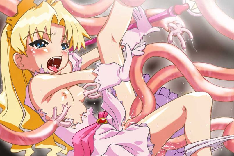 lolita channel, edelweiss (dokkoida), umeki ruri, dokkoida, blonde hair, blue eyes, blush, censored, crown, flat chest, loli, nipples, no bra, open mouth, panties, panty pull, tears, tentacles, torn clothes, underwear