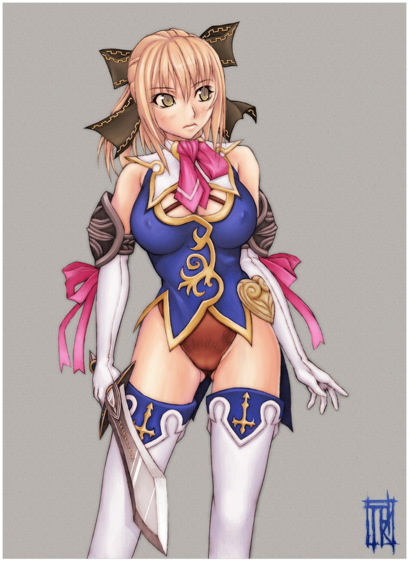 tarkko oikkonen, cassandra alexandra, soul calibur, soulcalibur, soulcalibur iv, 1girl, bare shoulders, blonde hair, blush, boots, bow, breasts, cameltoe, covered erect nipples, elbow gloves, female focus, gloves, hair bow, hair ribbon, large breasts, necktie, pink necktie, ribbon, short hair, solo, sword, thigh boots, thighhighs, weapon, yellow eyes