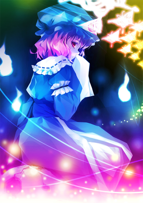 chinchickrin, saigyouji yuyuko, touhou, 1girl, bug, butterfly, danmaku, dress, female focus, gradient background, hat, insect, pink hair, red eyes, short hair, solo