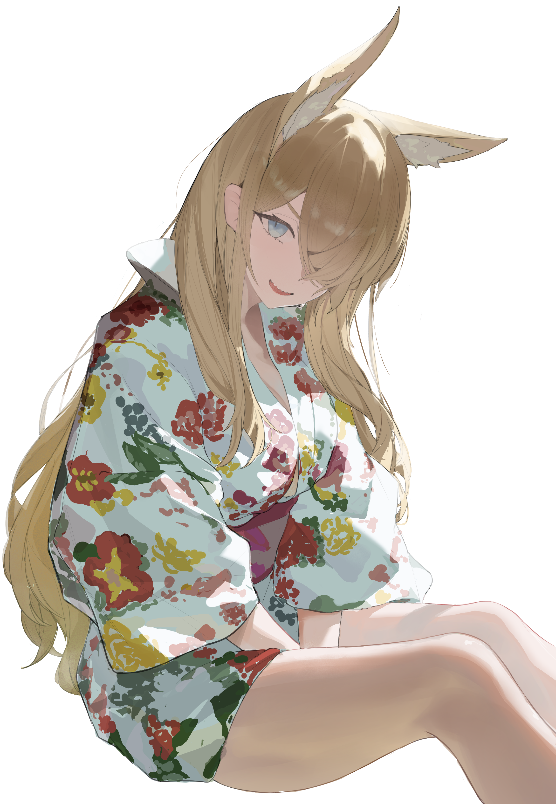kanna (blue archive), blue archive, absurdres, commentary request, highres, 1girl, animal ear fluff, animal ears, between legs, blonde hair, blue eyes, breasts, cleavage, dog ears, dog girl, duckman (user agwh8823), extra ears, floral background, hair over one eye, hand between legs, japanese clothes, kimono, long hair, looking at viewer, open mouth, red sash, sash, short kimono, solo, white kimono