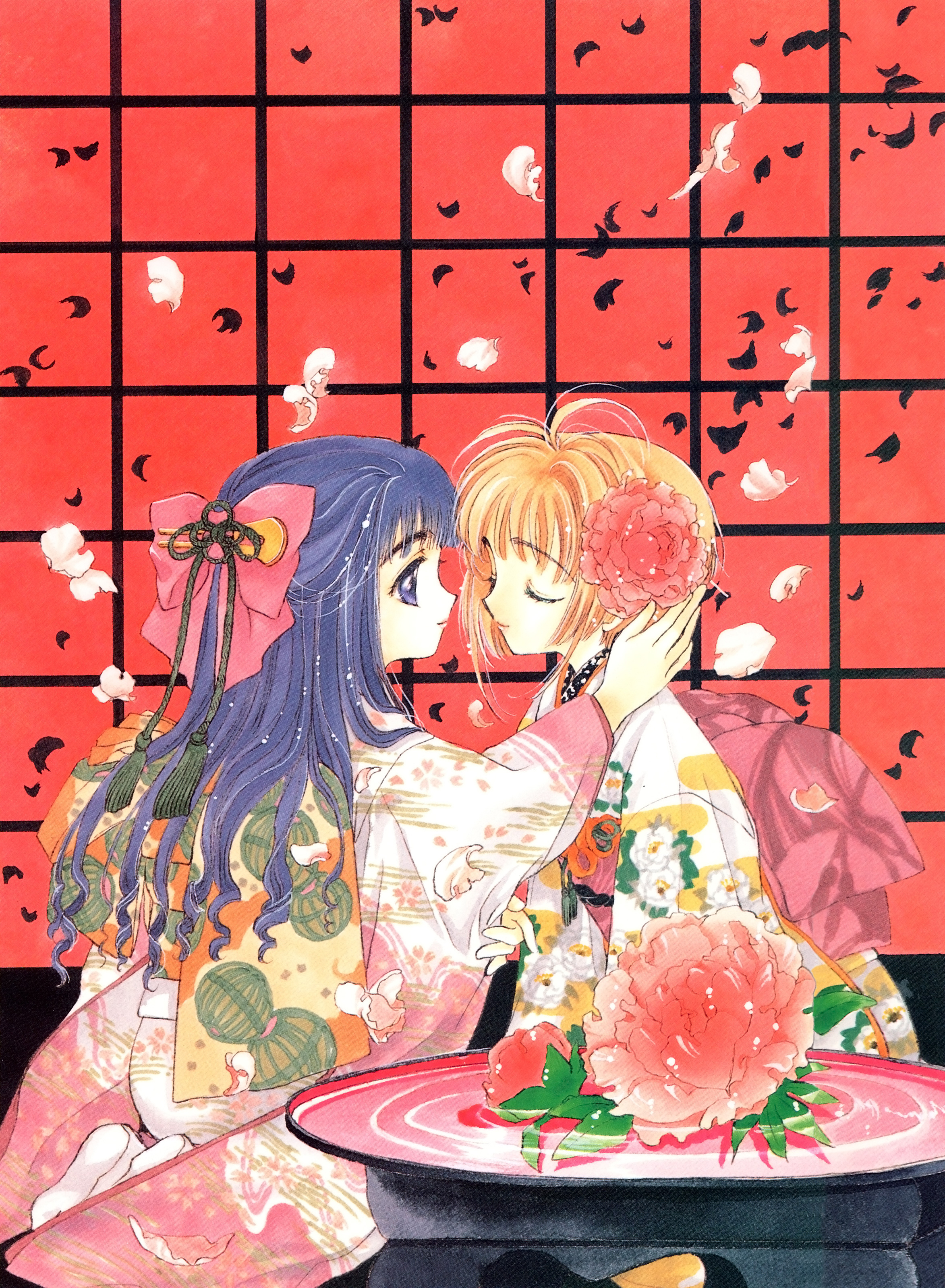 clamp, daidouji tomoyo, kinomoto sakura, cardcaptor sakura, absurdres, highres, official art, 1990s (style), 2girls, adjusting hair, antenna hair, blue hair, brown hair, child, flower, imminent kiss, japanese clothes, kimono, long hair, multiple girls, retro artstyle, short hair, sitting, smile, yuri