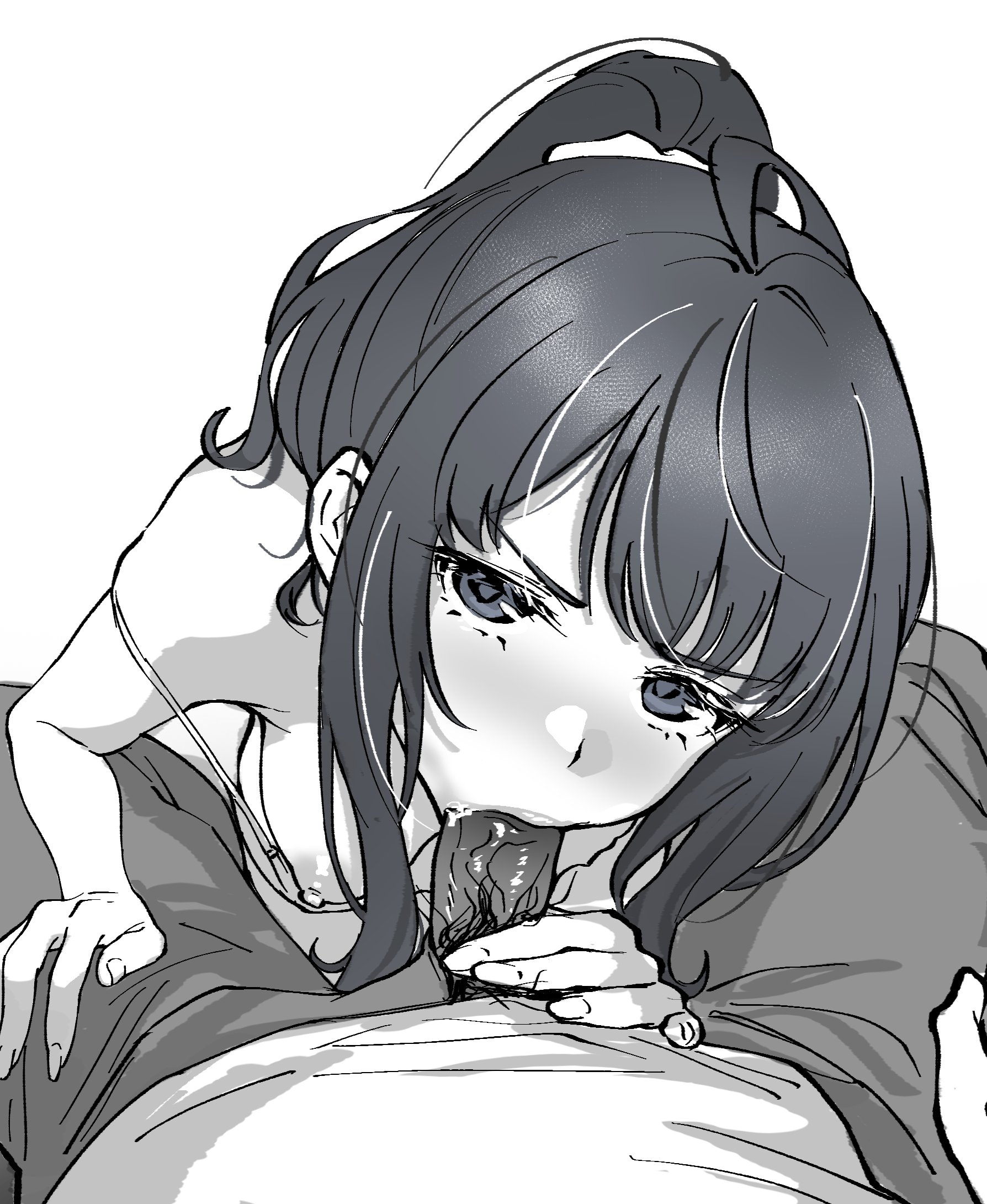 taotao, yanami anna, make heroine ga oo sugiru!, commentary request, highres, 1boy, 1girl, breasts, fellatio, greyscale, hetero, large breasts, looking at viewer, medium hair, monochrome, nipples, oral, penis, ponytail, pov, strap slip, uncensored