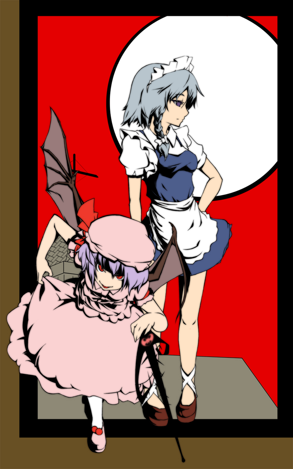 roribo rucha hashira, izayoi sakuya, remilia scarlet, touhou, light purple hair, silver hair, highres, 2girls, bat wings, blue eyes, braid, dress, female focus, hat, maid, multiple girls, red eyes, short hair, skirt, sky, twin braids, wings