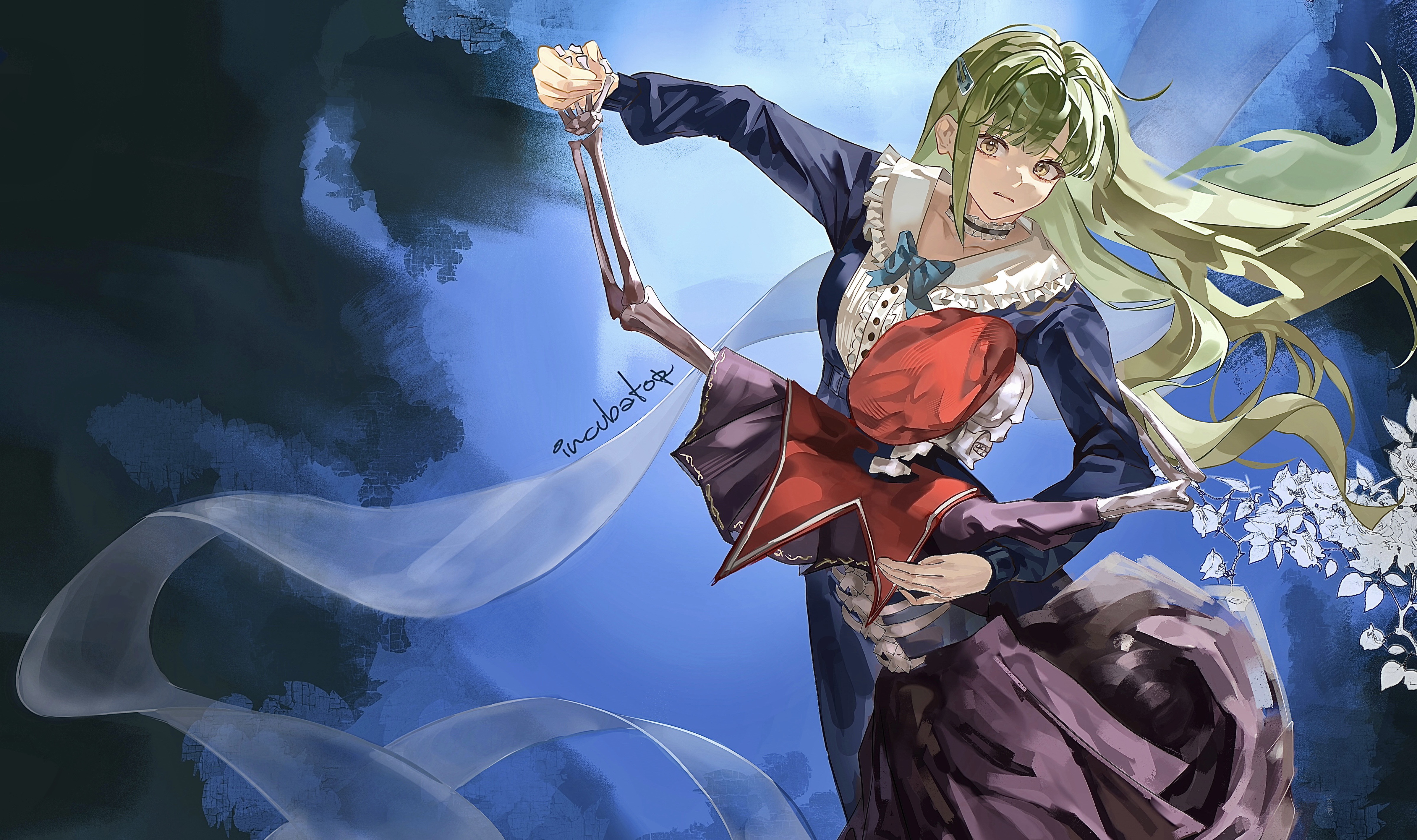 mortis (bang dream!), mortis (costume) (bang dream!), wakaba mutsumi, bang dream!, bang dream! it's mygo!!!!!, absurdres, chinese commentary, commentary request, highres, 1girl, black choker, blue bow, blue bowtie, blue dress, bow, bowtie, choker, dancing, dress, frilled choker, frills, green hair, hair ornament, hairclip, long hair, long sleeves, parted lips, skeleton, wu fuzuoyong, yellow eyes