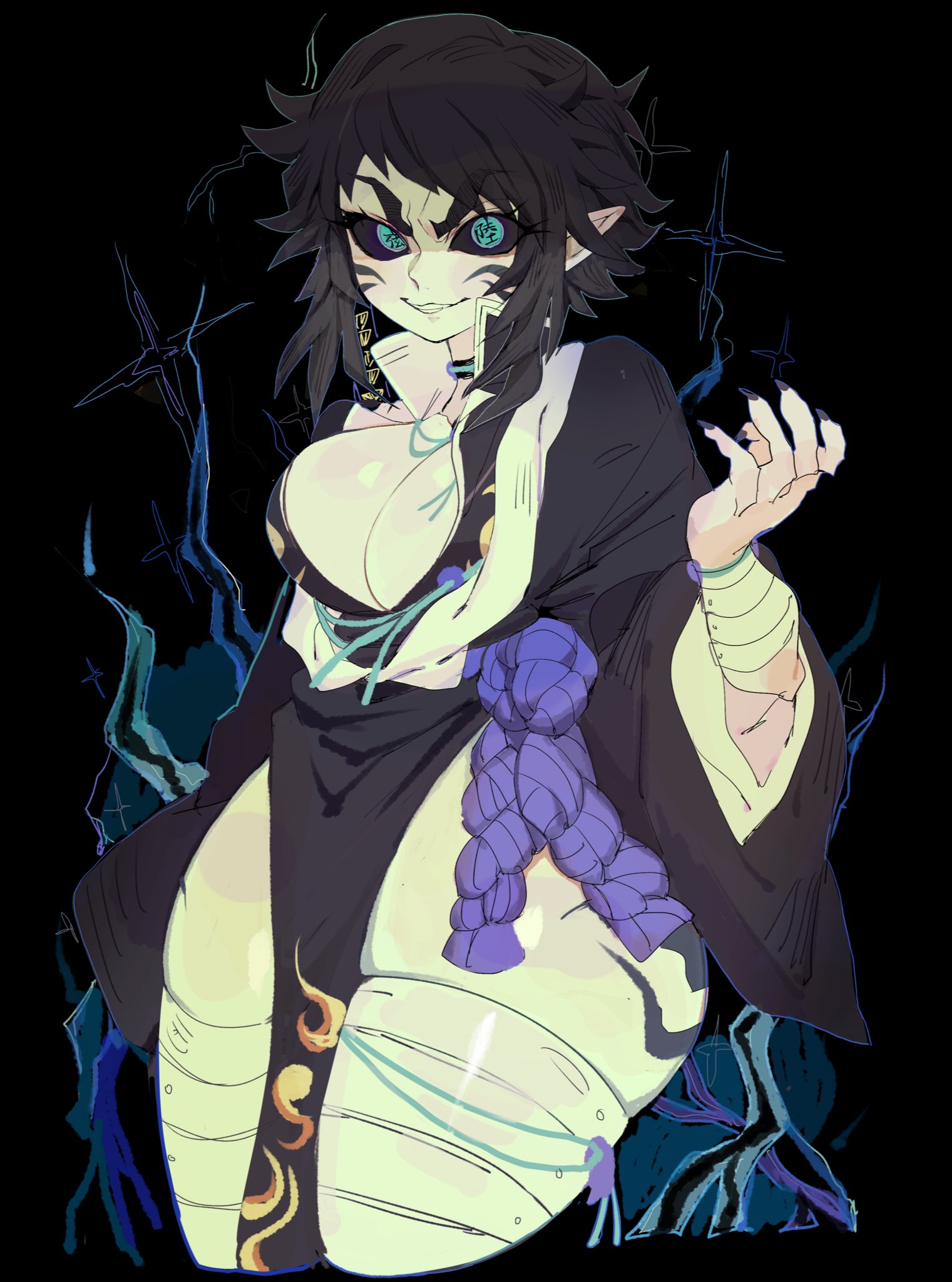 usa37107692, kaigaku, kimetsu no yaiba, commentary, highres, 1girl, bandaged leg, bandages, black background, black hair, black kimono, black sclera, blue eyes, breasts, colored sclera, curvy, facial mark, genderswap, genderswap (mtf), hand up, japanese clothes, kimono, large breasts, looking at viewer, pelvic curtain, short hair, smile, solo, swept bangs, text in eyes, thick thighs, thighs, v-shaped eyebrows